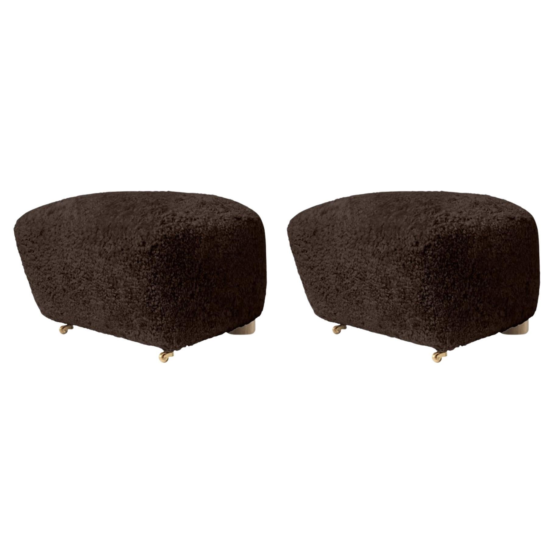 Set of 2 Espresso Natural Oak Sheepskin the Tired Man Footstools by Lassen For Sale