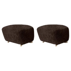 Set of 2 Espresso Natural Oak Sheepskin the Tired Man Footstools by Lassen