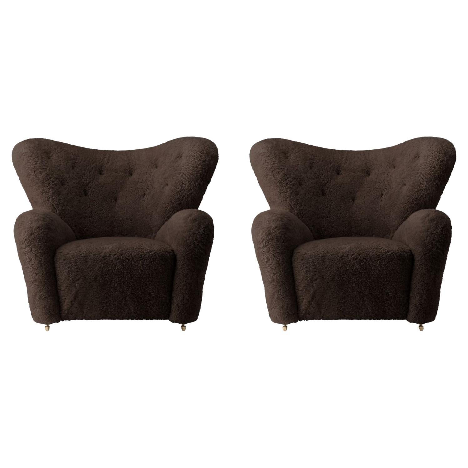 Set of 2 Espresso Sheepskin the Tired Man Lounge Chair by Lassen For Sale