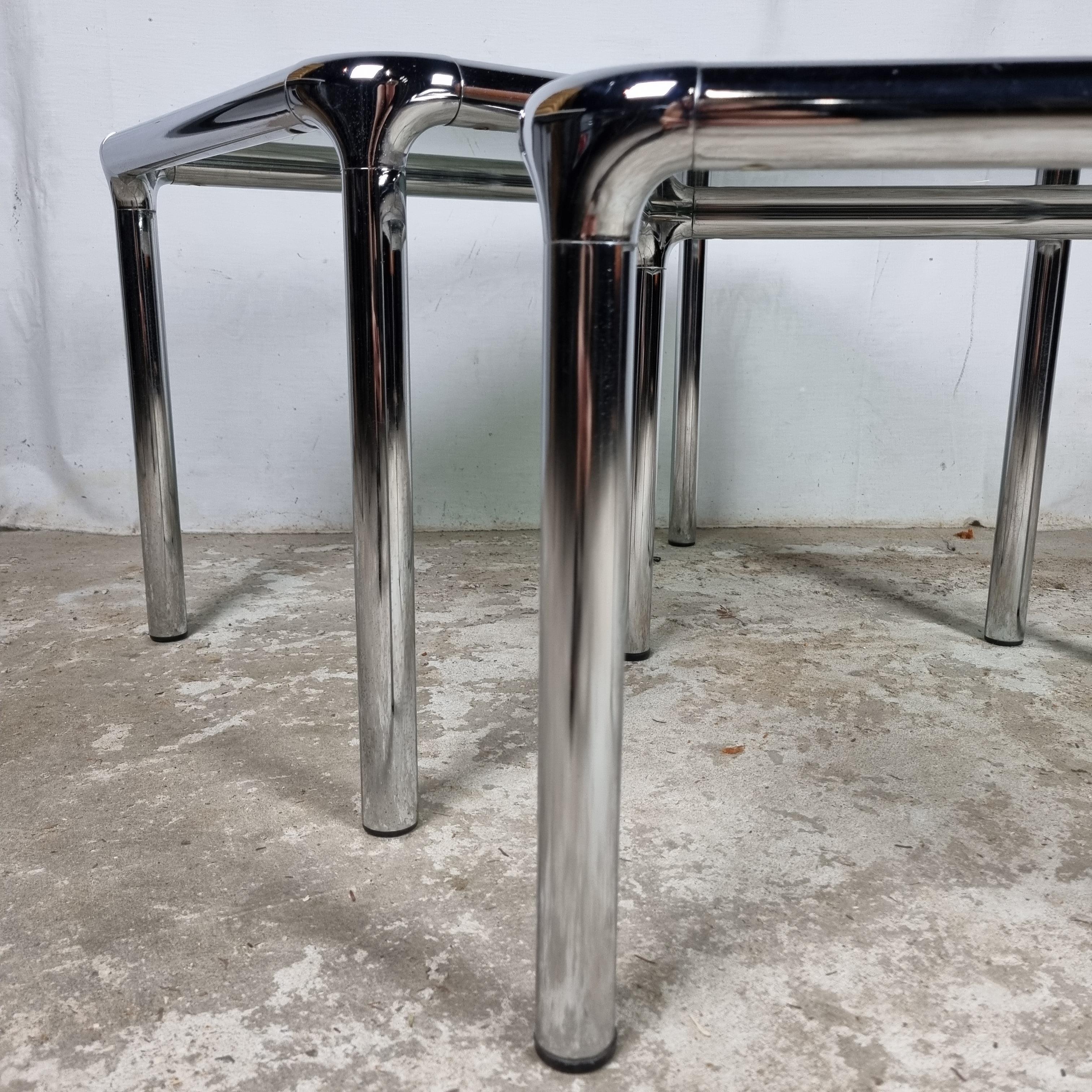 Set of 2 Etienne Fermigier vintage chrome & smoked glass coffee tables 2