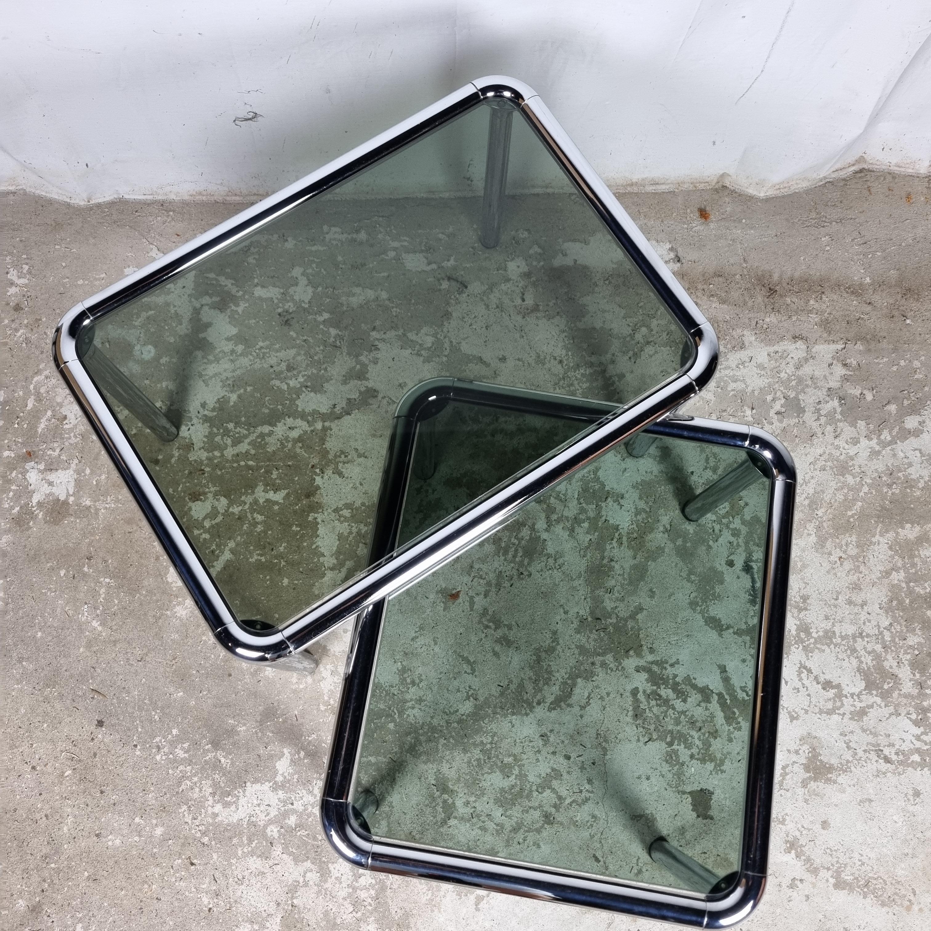 Set of 2 Etienne Fermigier vintage chrome & smoked glass coffee tables 3