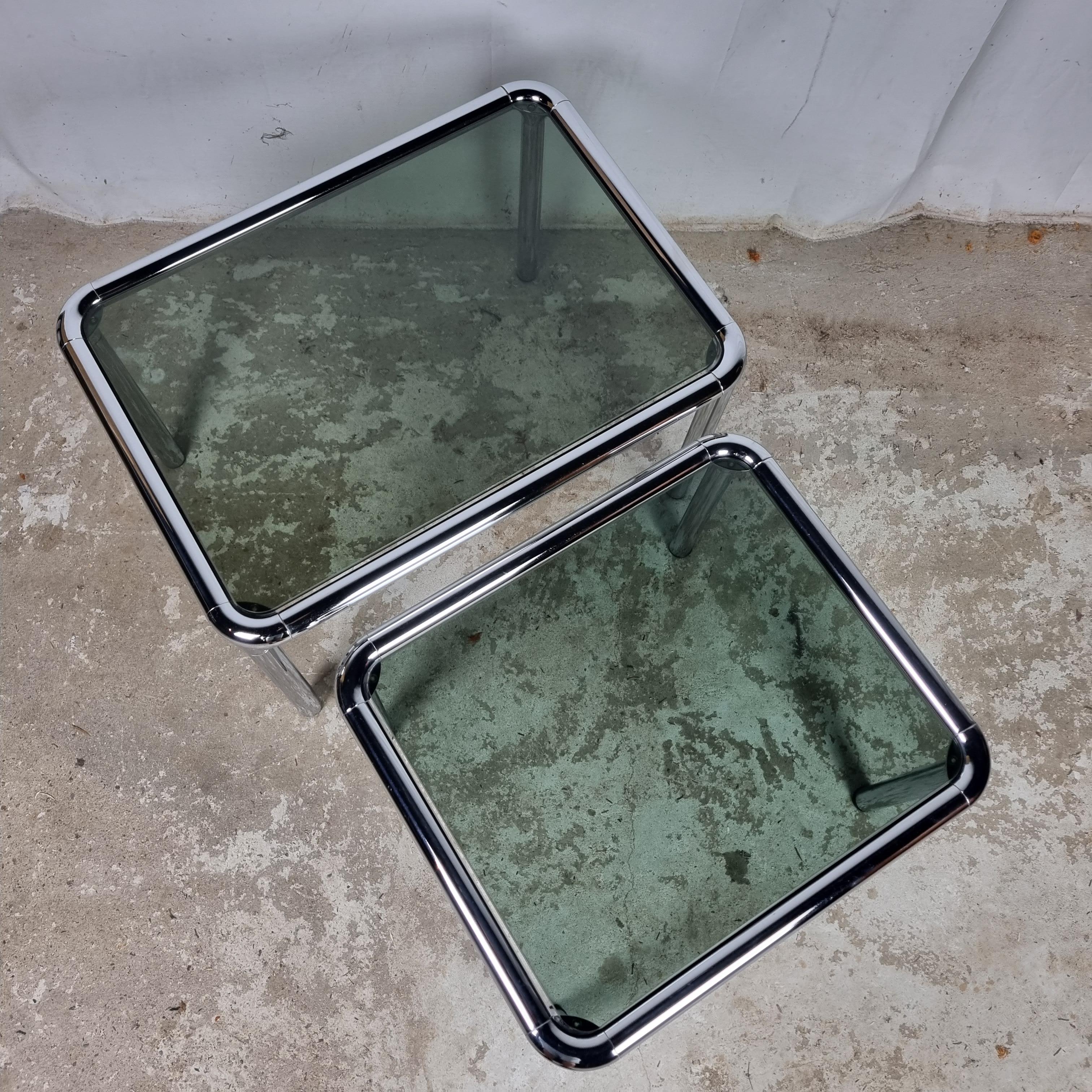 Set of 2 Etienne Fermigier vintage chrome & smoked glass coffee tables 4