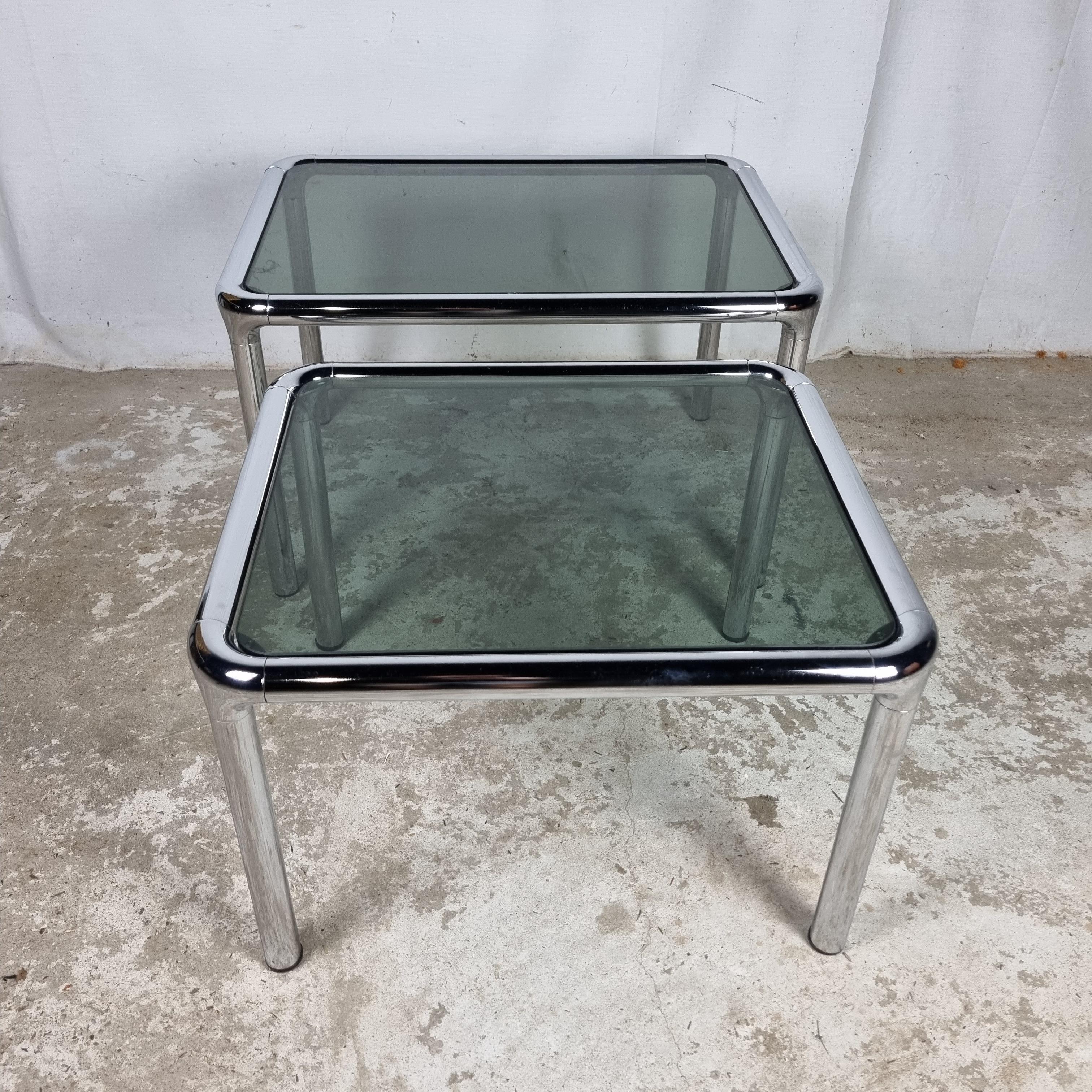 Set of 2 Etienne Fermigier vintage chrome & smoked glass coffee tables 5