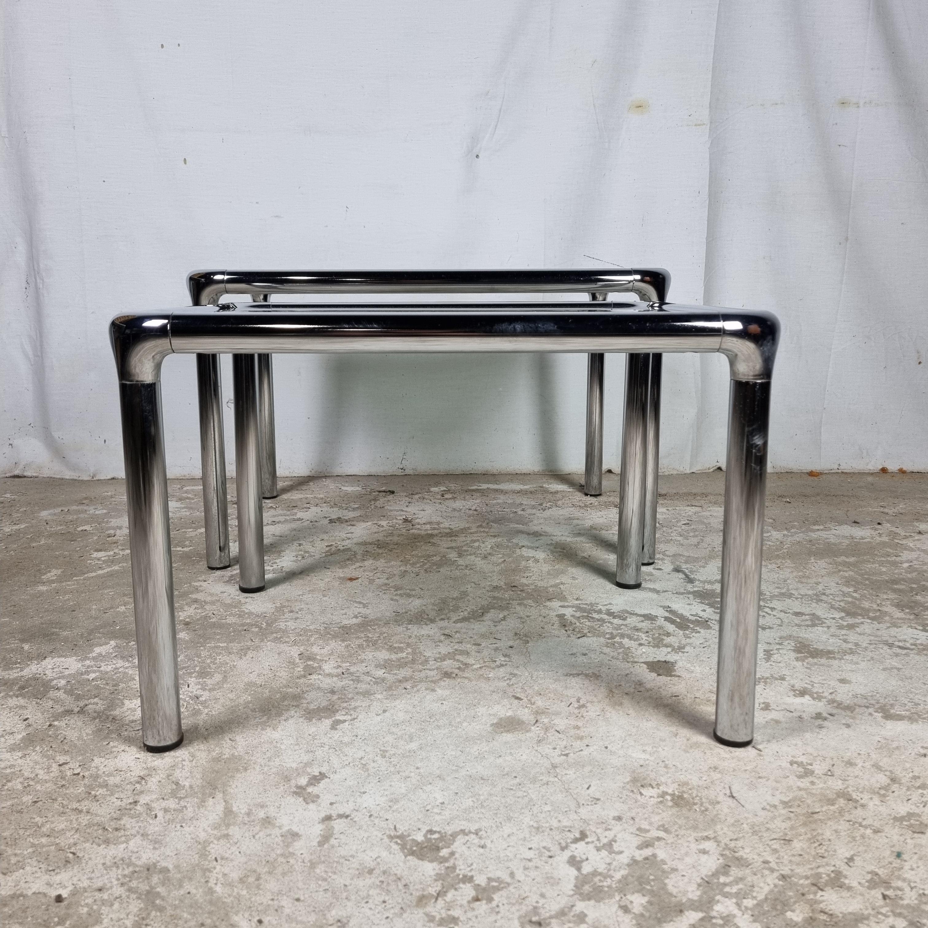 Set of 2 Etienne Fermigier vintage chrome & smoked glass coffee tables 6
