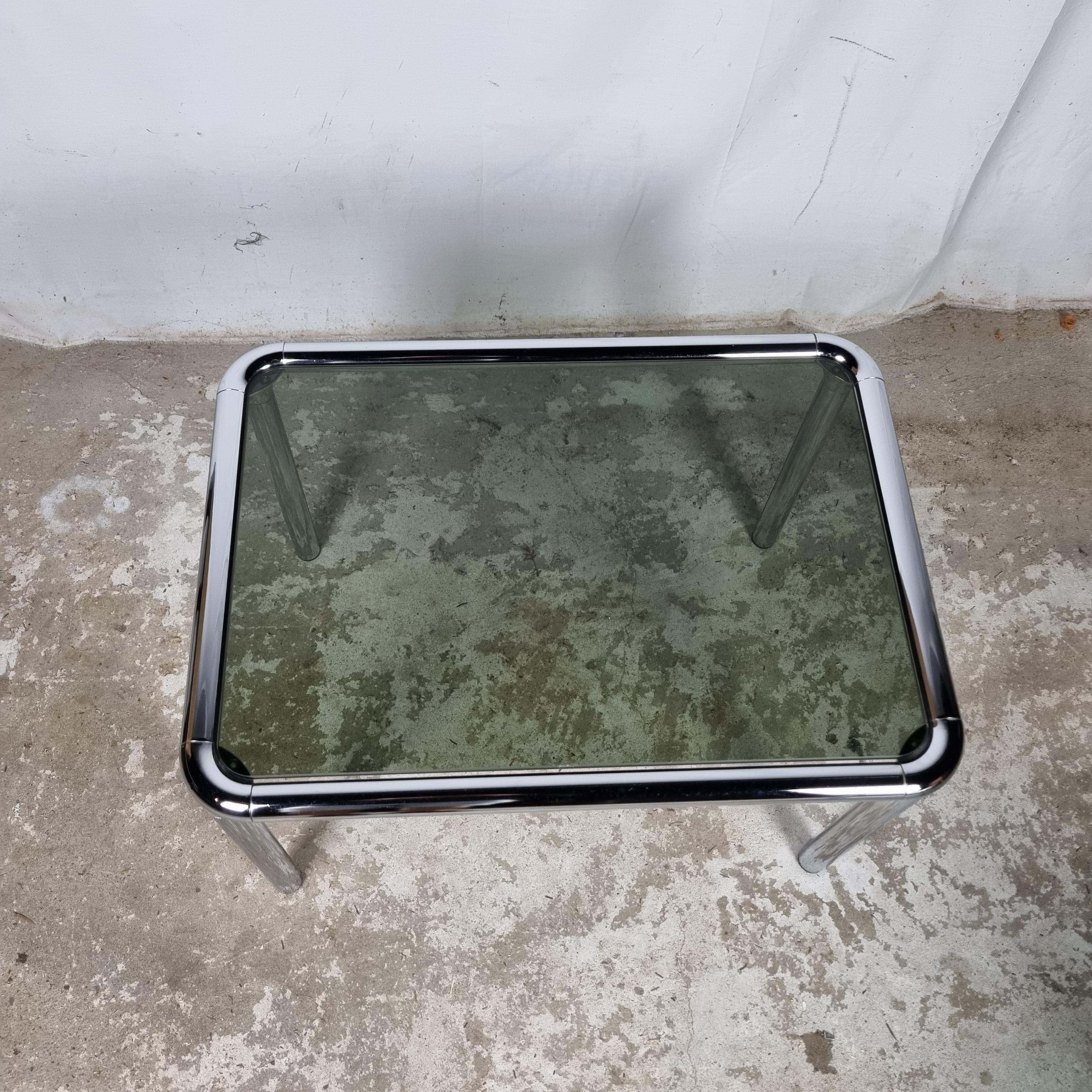 Set of 2 Etienne Fermigier vintage chrome & smoked glass coffee tables 9