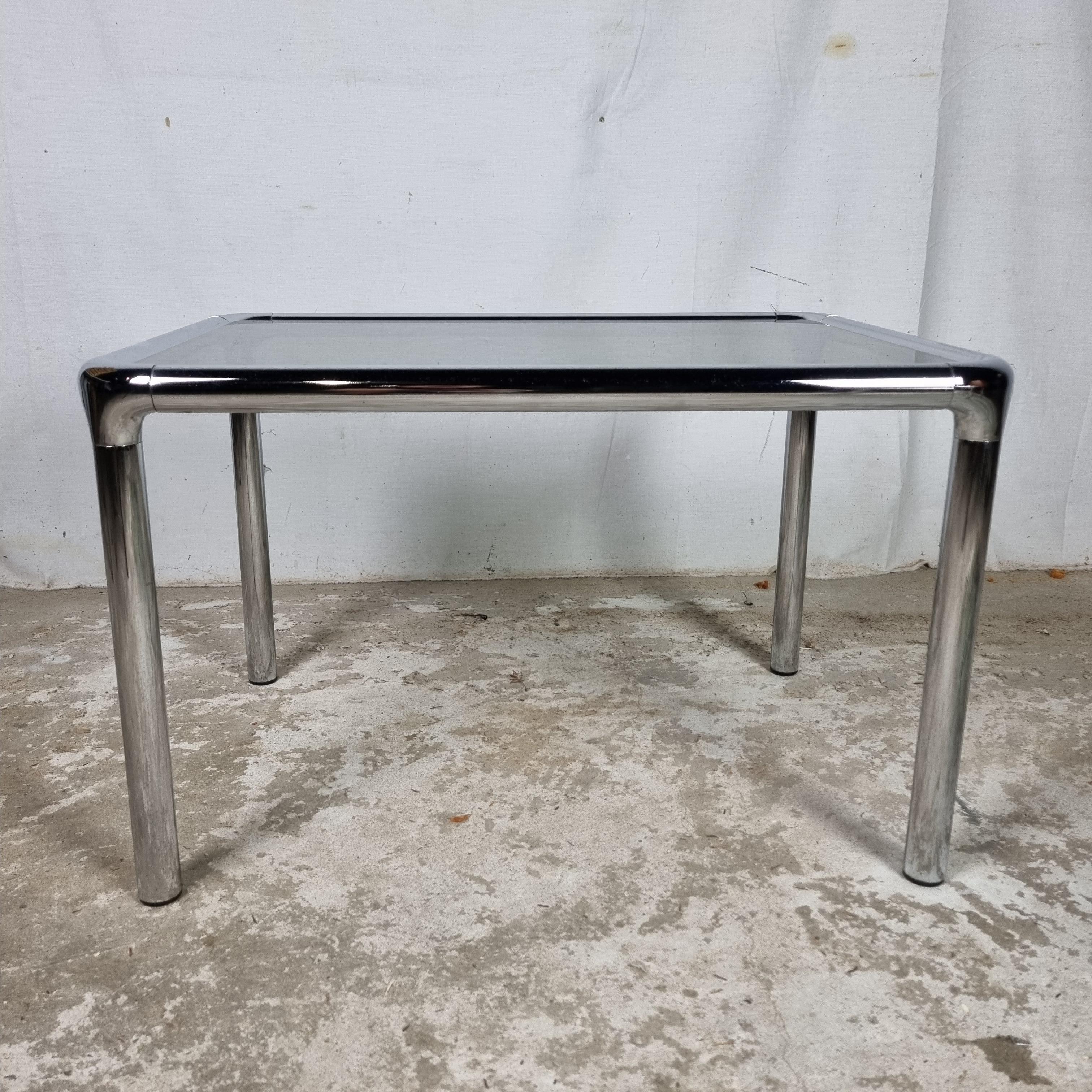 Set of 2 Etienne Fermigier vintage chrome & smoked glass coffee tables 10