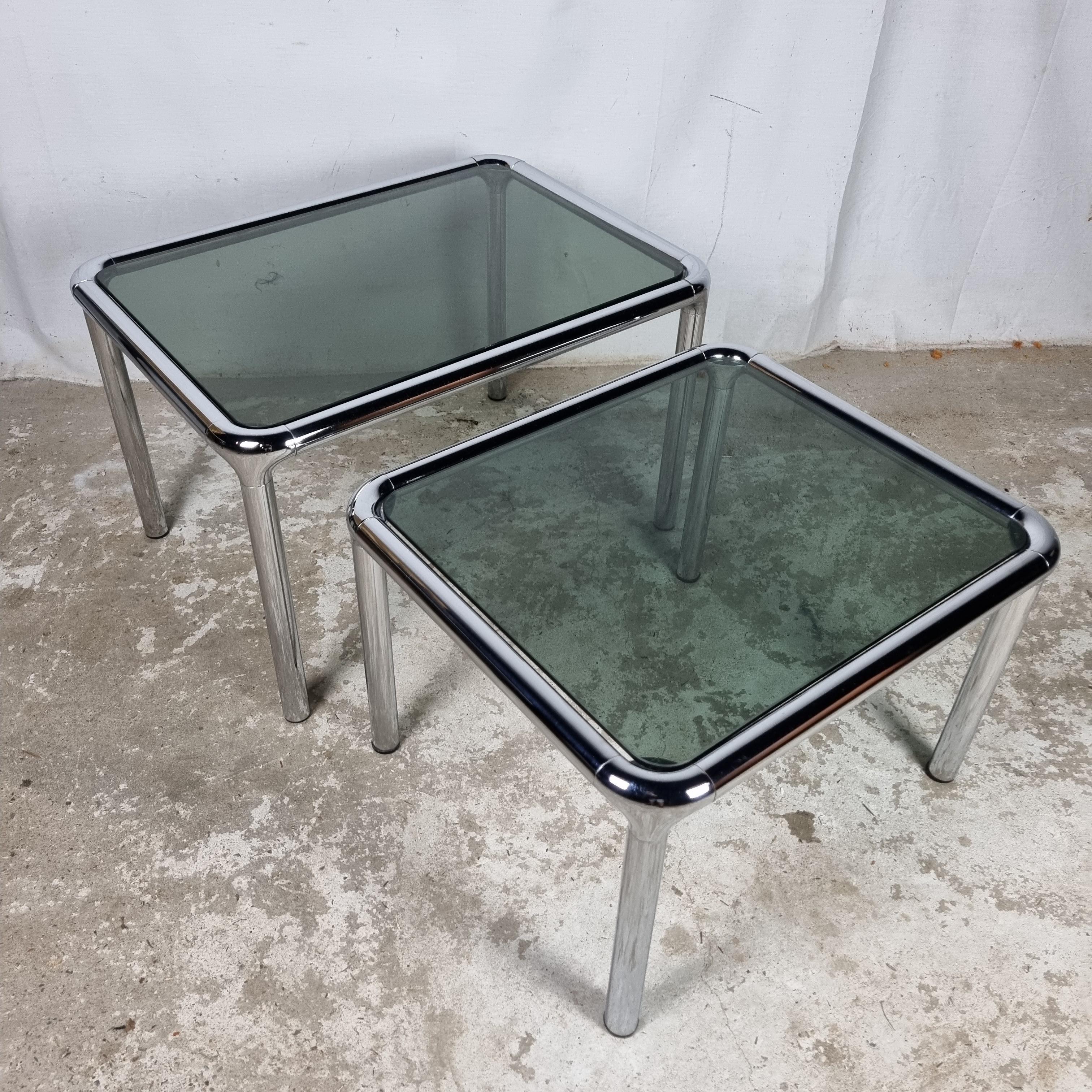 French Set of 2 Etienne Fermigier vintage chrome & smoked glass coffee tables