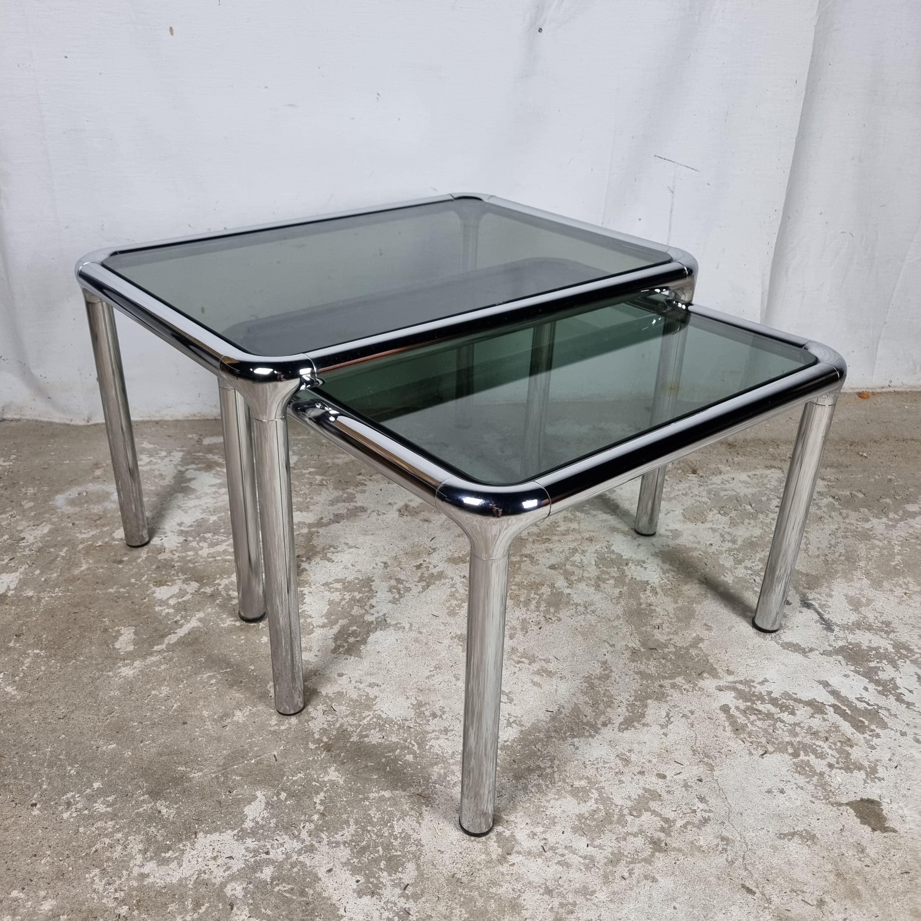 Set of 2 Etienne Fermigier vintage chrome & smoked glass coffee tables In Good Condition In GOIRLE, NL