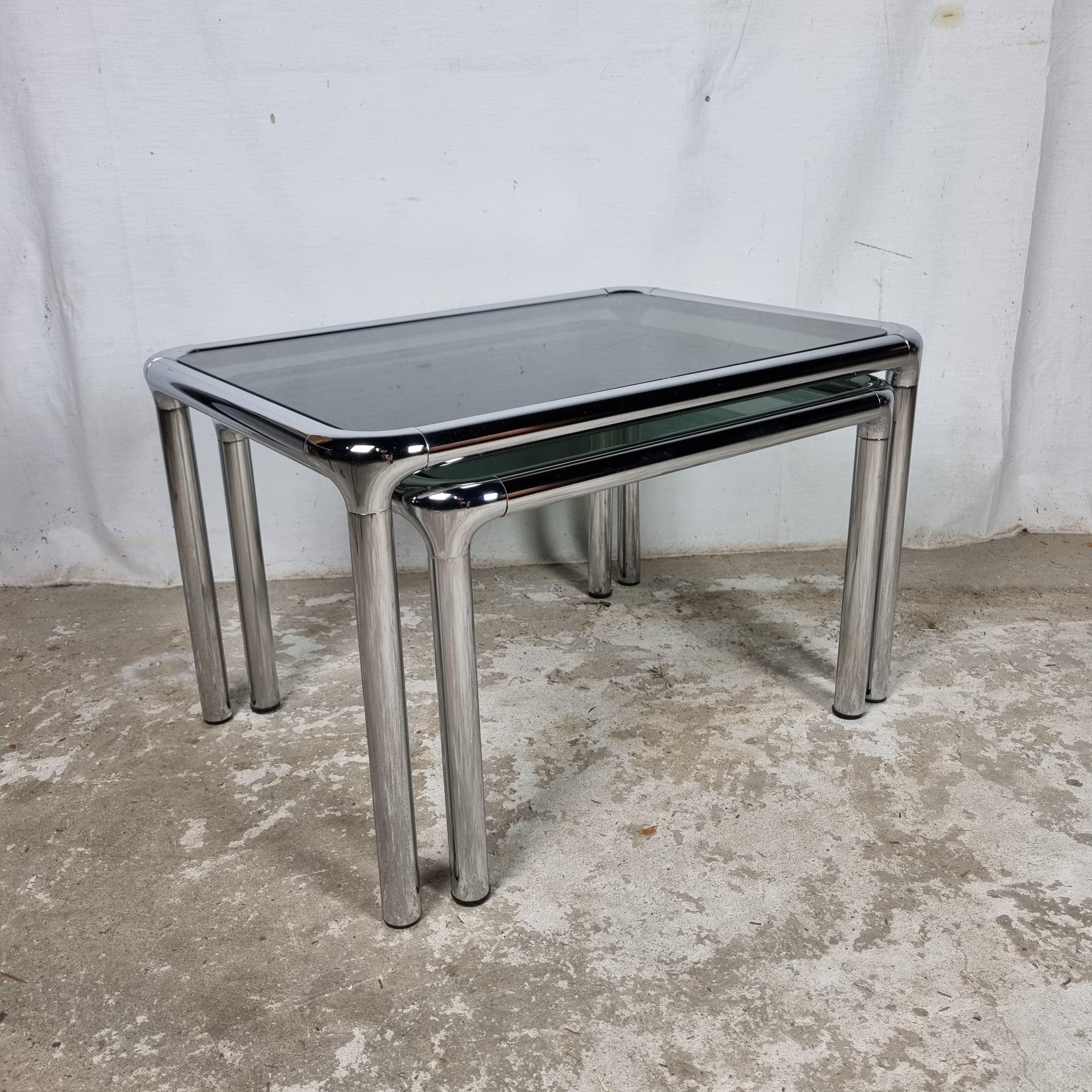 20th Century Set of 2 Etienne Fermigier vintage chrome & smoked glass coffee tables