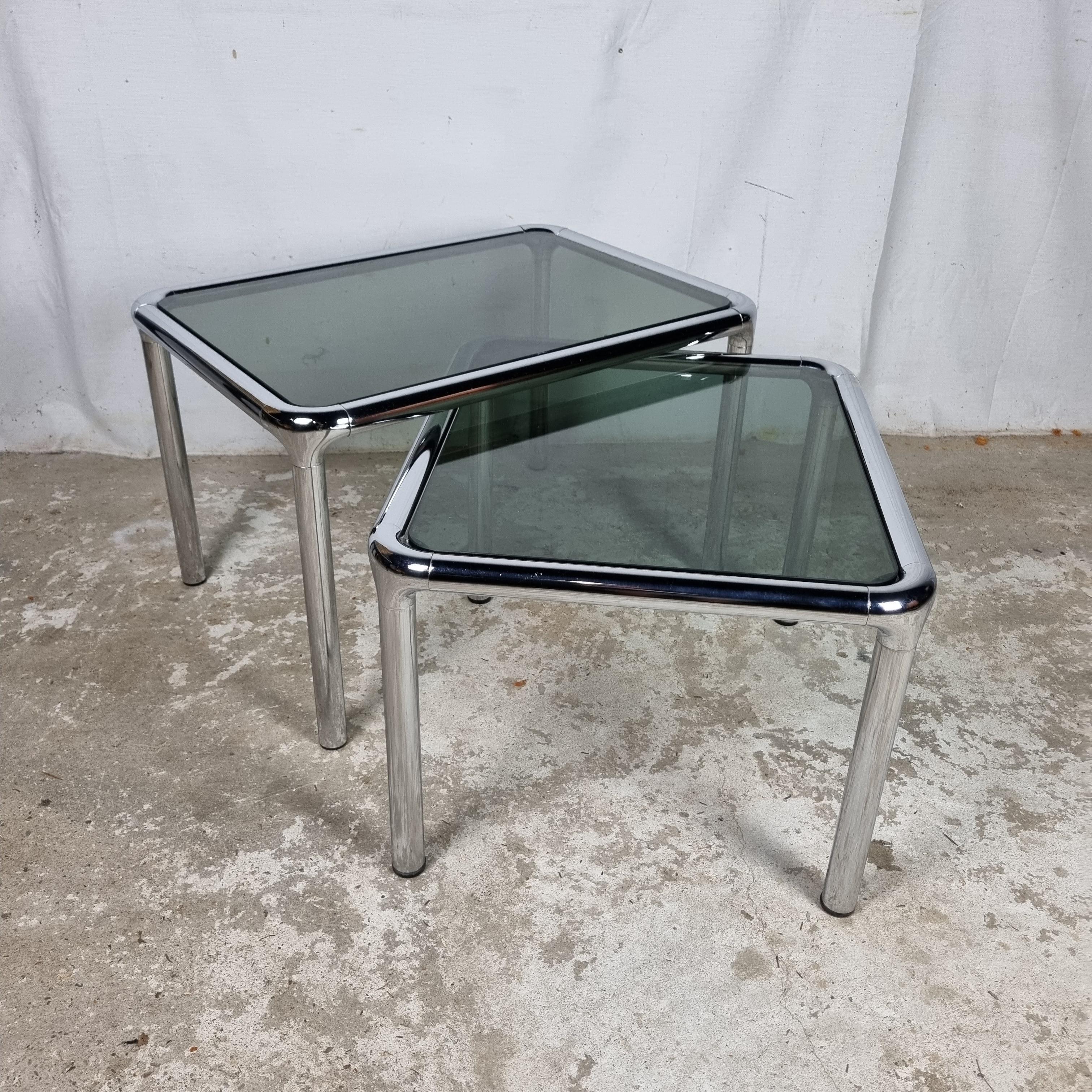 Smoked Glass Set of 2 Etienne Fermigier vintage chrome & smoked glass coffee tables