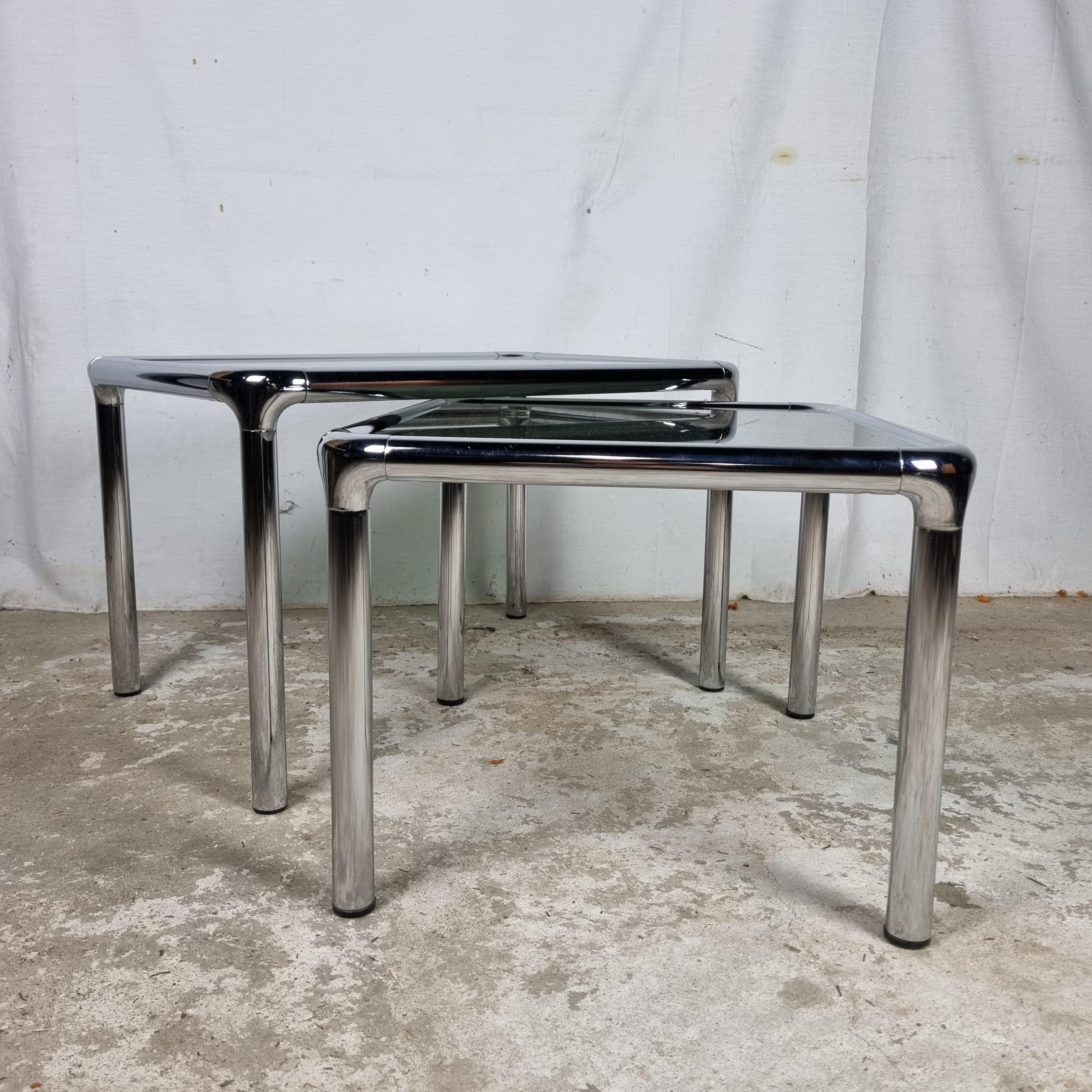 Set of 2 Etienne Fermigier vintage chrome & smoked glass coffee tables 1
