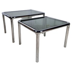 Set of 2 Etienne Fermigier vintage chrome & smoked glass coffee tables