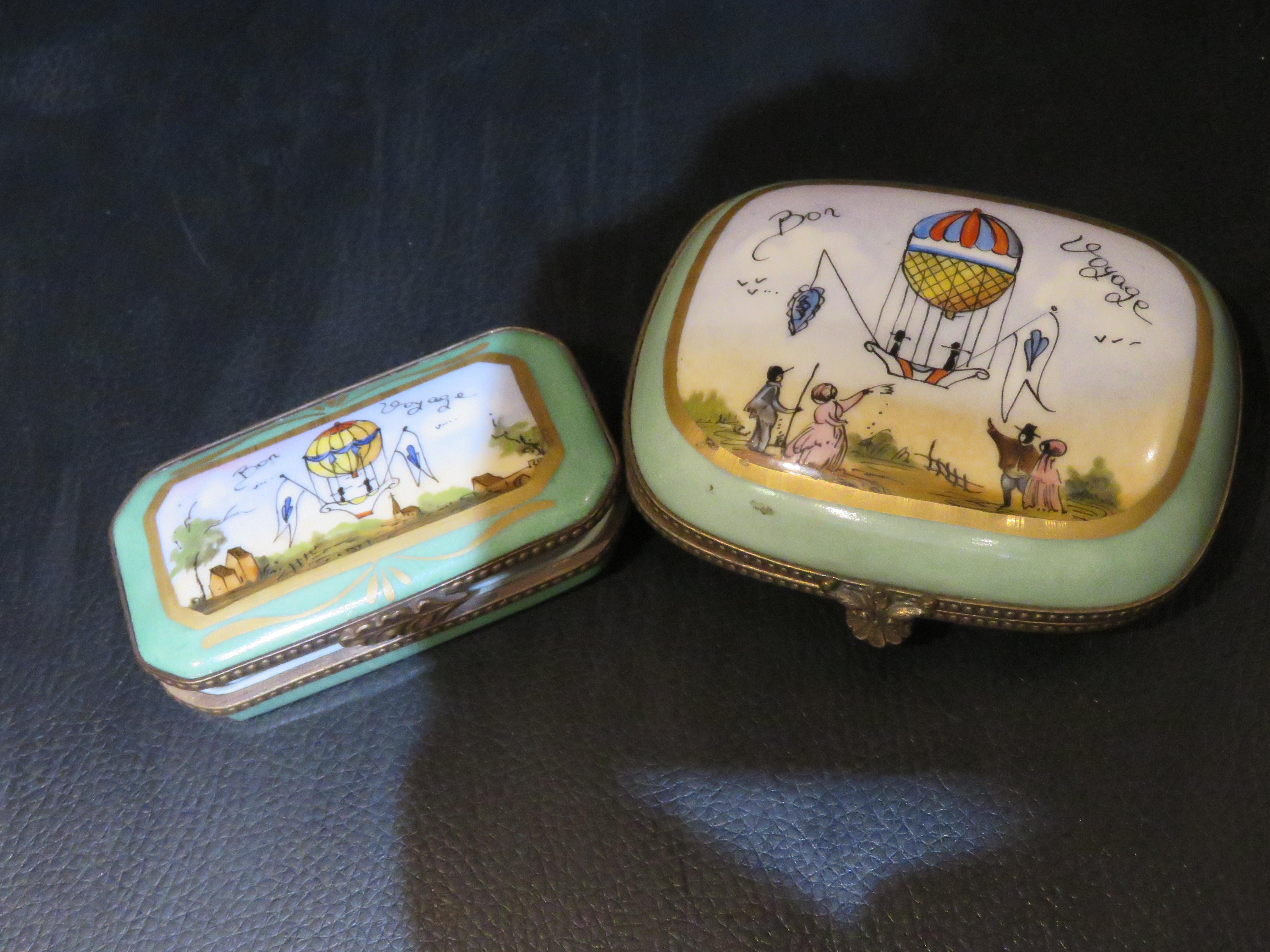 The Following Item that we are offering is A Rare and Impressive Magnificent and Exquisite Rare Large SET OF 2 Handpainted Bon Voyage Limoges Stamped Porcelain and Bronze Jewelry Holder / Pill Boxes. Outstandingly done with Magnificent Colors and