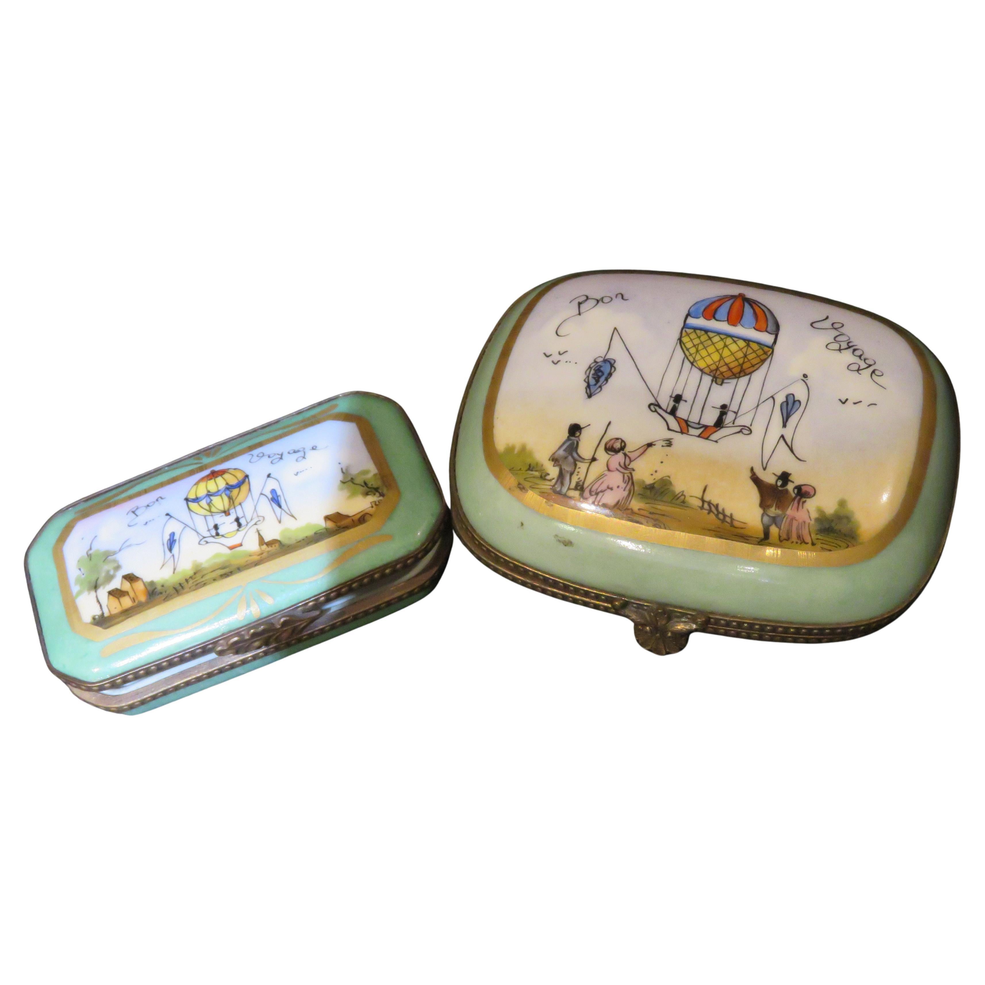 Set of 2 Exquisite Rare French Large Hot Air Balloon Limoges Boxes For Sale