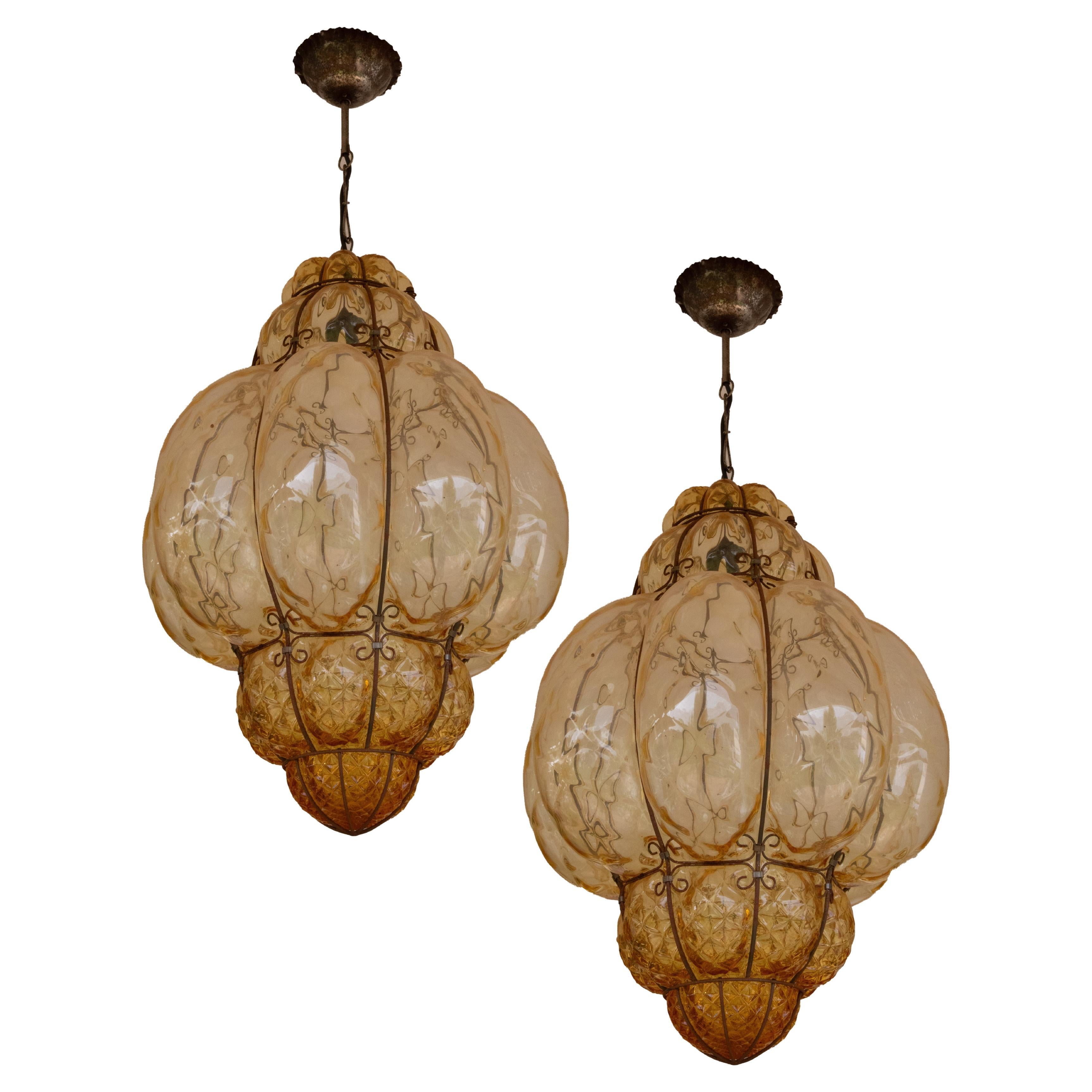 Set of 2 Extra Large Big Size Vintage Venetian Murano Glass Lanterns, 1950s