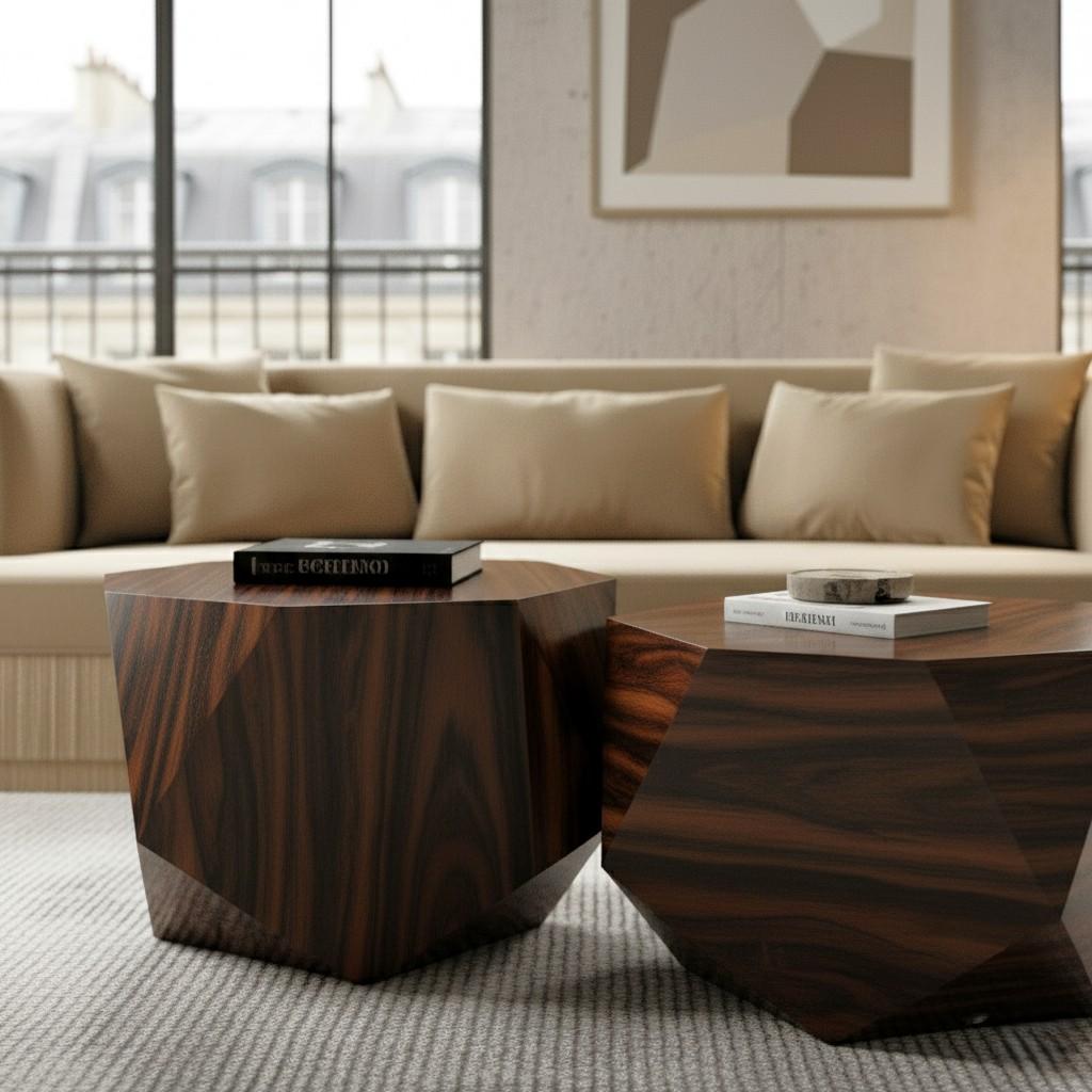 Moderne Ensemble de 2 tables basses à facettes en placage de bois d'ébène de Macassar en vente