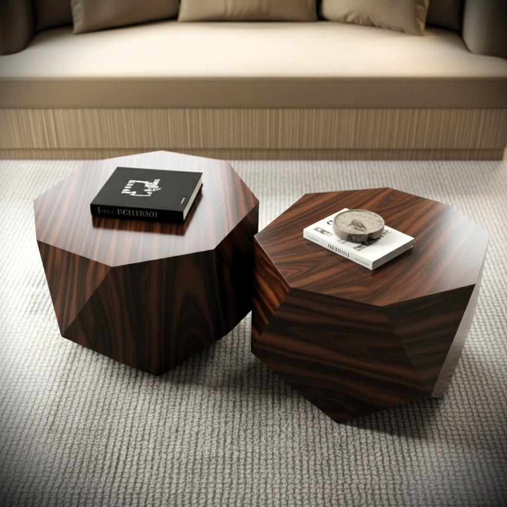 Portugais Ensemble de 2 tables basses à facettes en placage de bois d'ébène de Macassar en vente