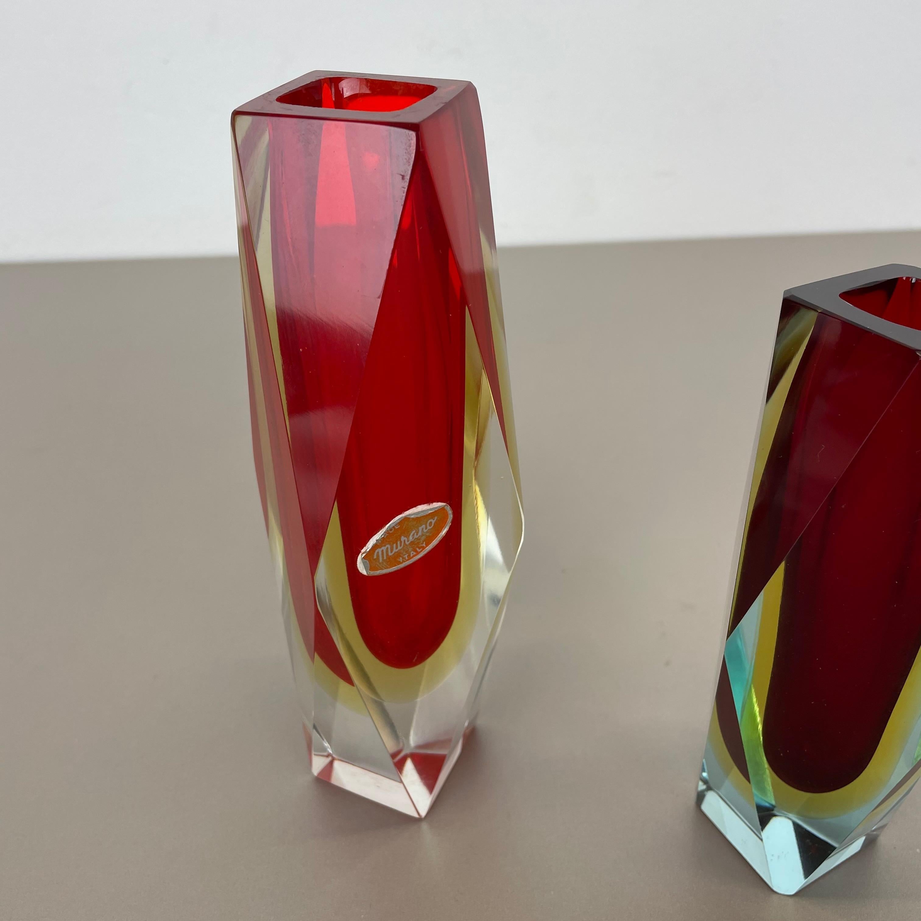Mid-Century Modern Set of 2 Faceted Murano Glass Sommerso Vase Designed by Flavio Poli Italy, 1970s For Sale