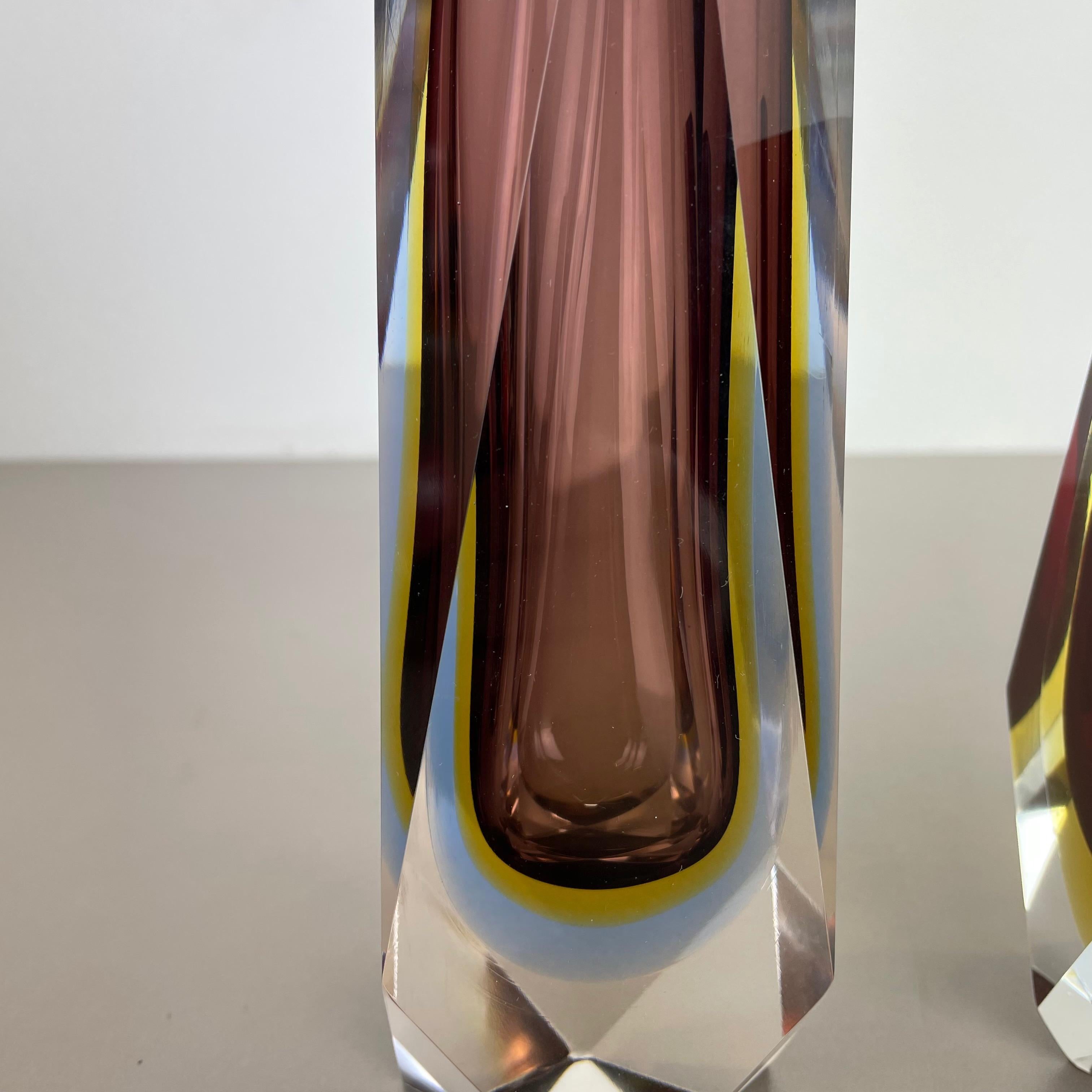 20th Century Set of 2 Faceted Murano Glass Sommerso Vase Designed by Flavio Poli Italy, 1970s For Sale
