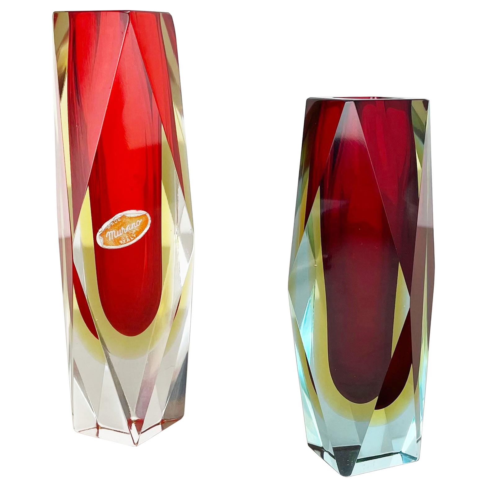 Set of 2 Faceted Murano Glass Sommerso Vase Designed by Flavio Poli Italy, 1970s