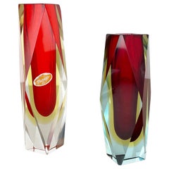 Set of 2 Faceted Murano Glass Sommerso Vase Designed by Flavio Poli Italy, 1970s