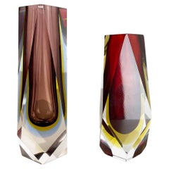 Set of 2 Faceted Murano Glass Sommerso Vase Designed by Flavio Poli Italy, 1970s