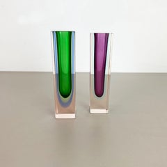 Set of 2 Faceted Murano Glass Sommerso Vases Attri. Flavio Poli, Italy, 1970s