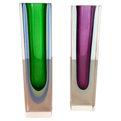 Set of 2 Faceted Murano Glass Sommerso Vases Attri. Flavio Poli, Italy, 1970s