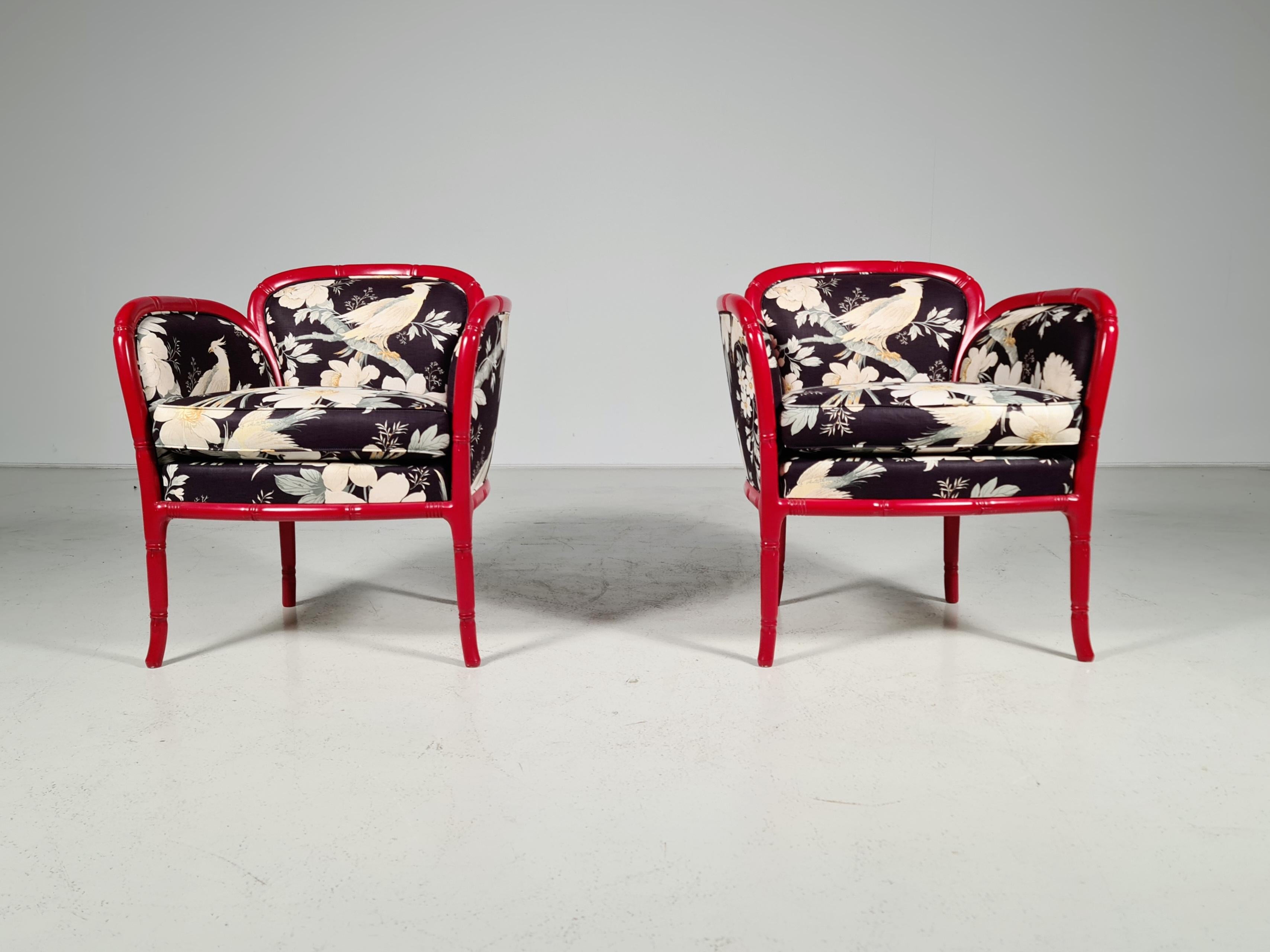 Set of 2 Hollywood Regency Style red Faux Bamboo club chairs with high-quality oriental fabric from the 1960s. 