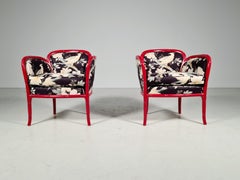 Set of 2 Faux Bamboo with Japanese style fabric Club Chairs, France, 1960s