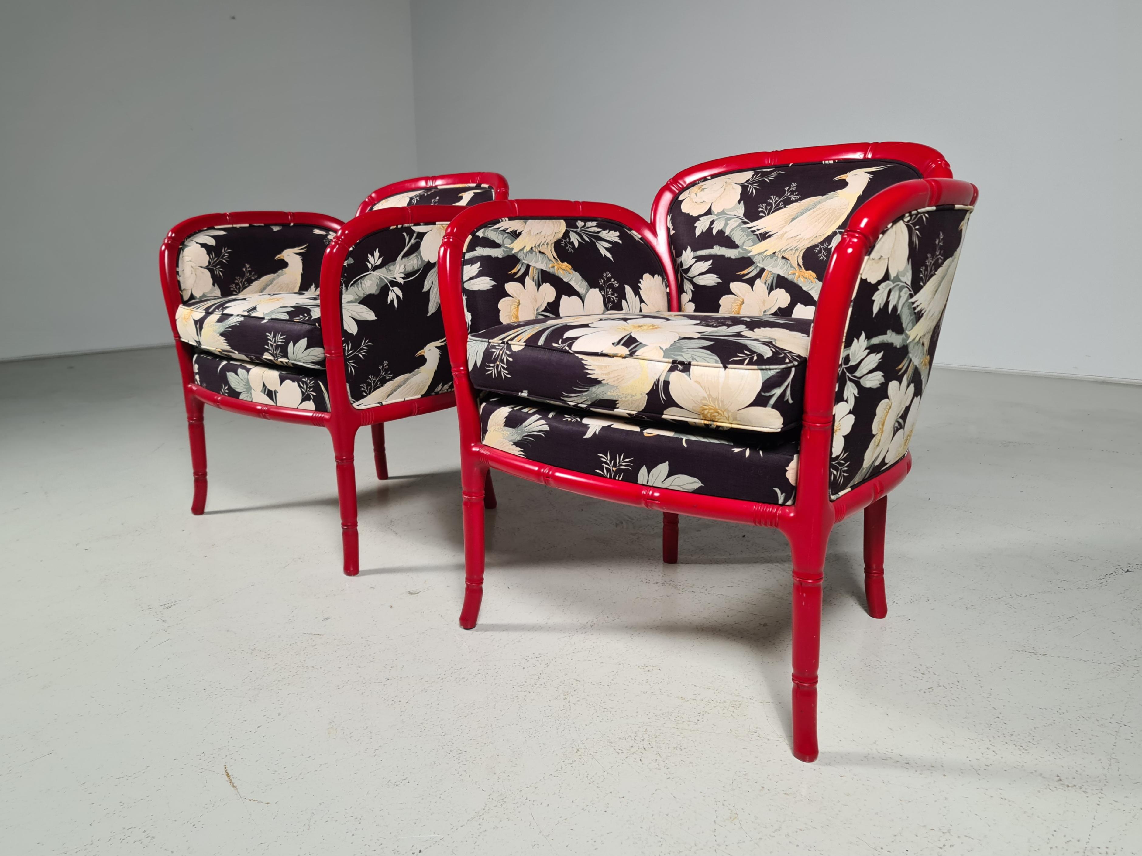 European Set of 2 Faux Bamboo with Japanese style fabric Club Chairs, France, 1960s For Sale