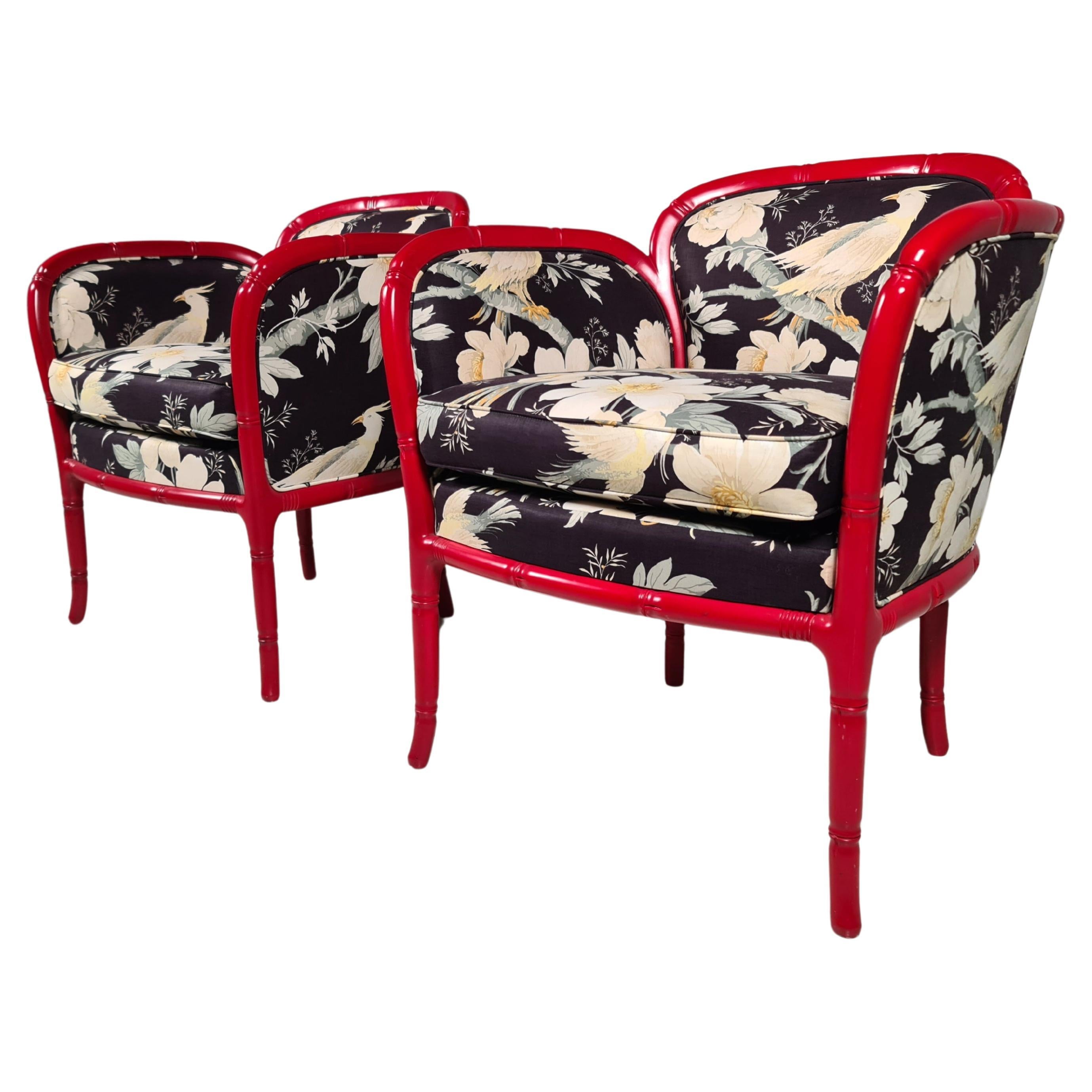 Ensemble de 2 fauteuils club en faux bambou avec tissu de style japonais, France, années 1960 en vente