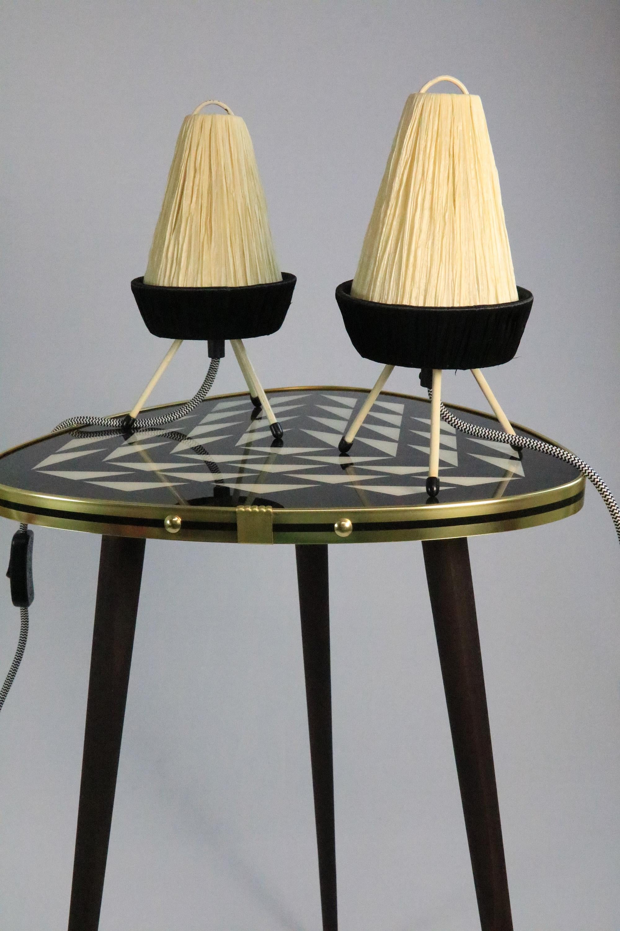 Set of 2 Filigree Table Lamps, Raffia Shade, Germany, Tripod, 1950s For Sale 4