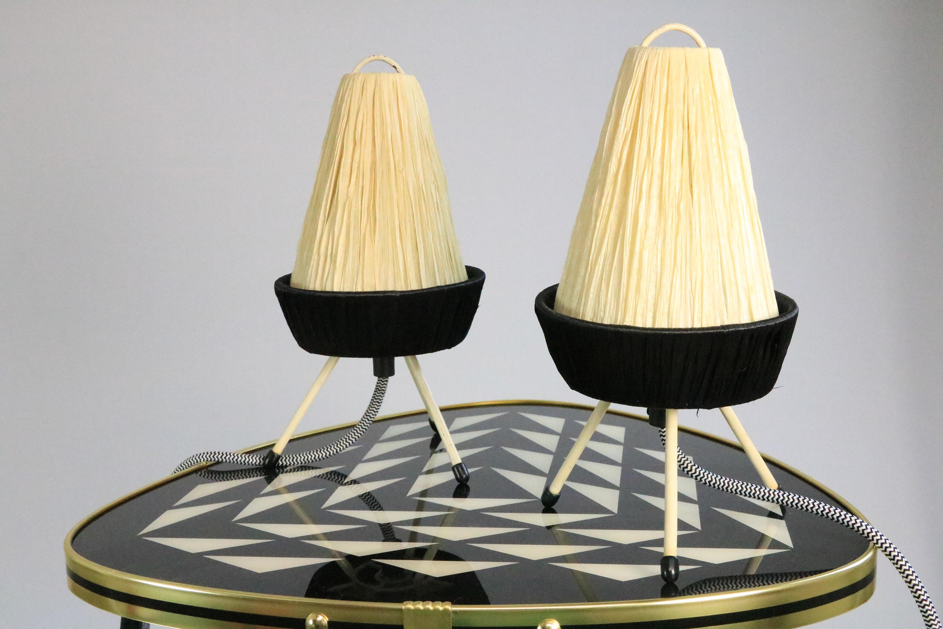 Set of 2 Filigree Table Lamps, Raffia Shade, Germany, Tripod, 1950s For Sale 5