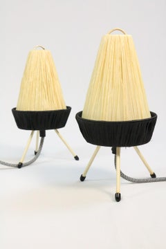 Set of 2 Filigree Table Lamps, Raffia Shade, Germany, Tripod, Midcentury