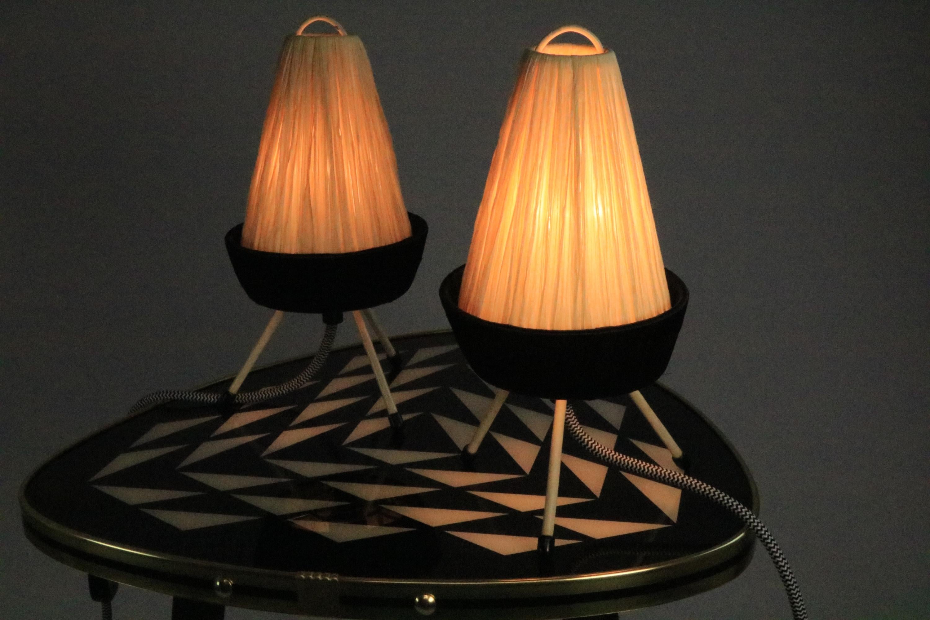 20th Century Set of 2 Filigree Table Lamps, Raffia Shade, Germany, Tripod, 1950s For Sale