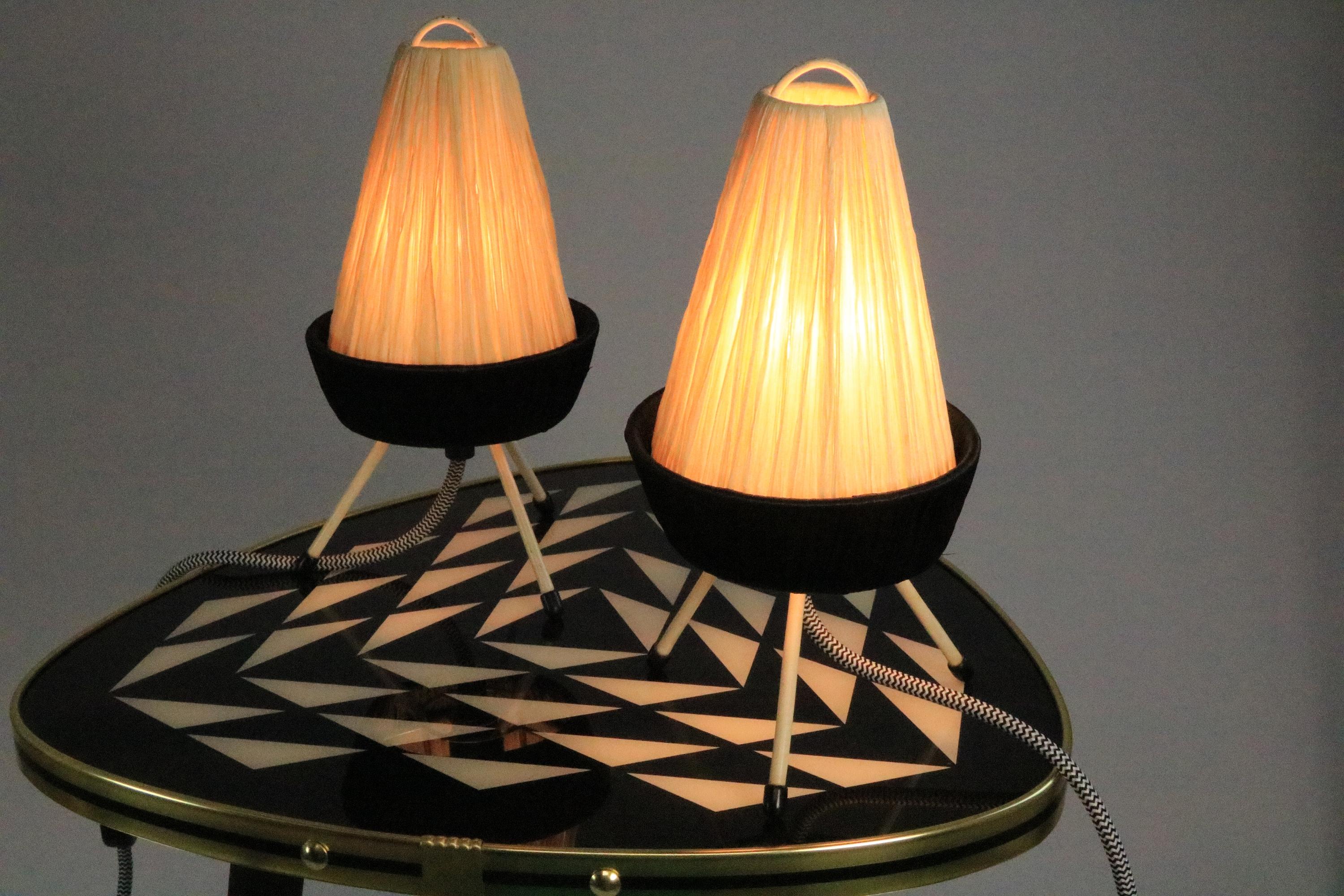 Plastic Set of 2 Filigree Table Lamps, Raffia Shade, Germany, Tripod, 1950s For Sale