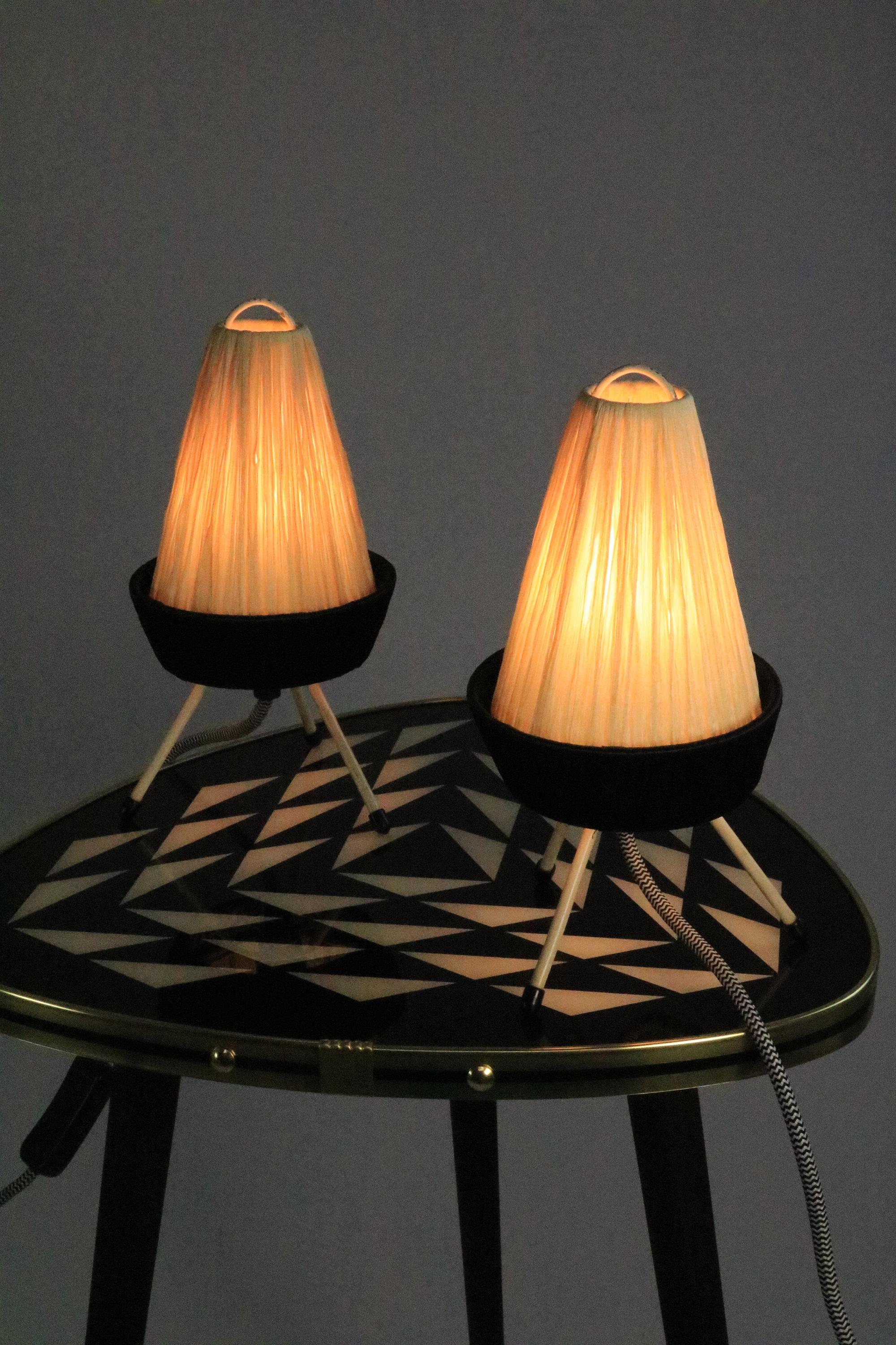 Set of 2 Filigree Table Lamps, Raffia Shade, Germany, Tripod, 1950s For Sale 2