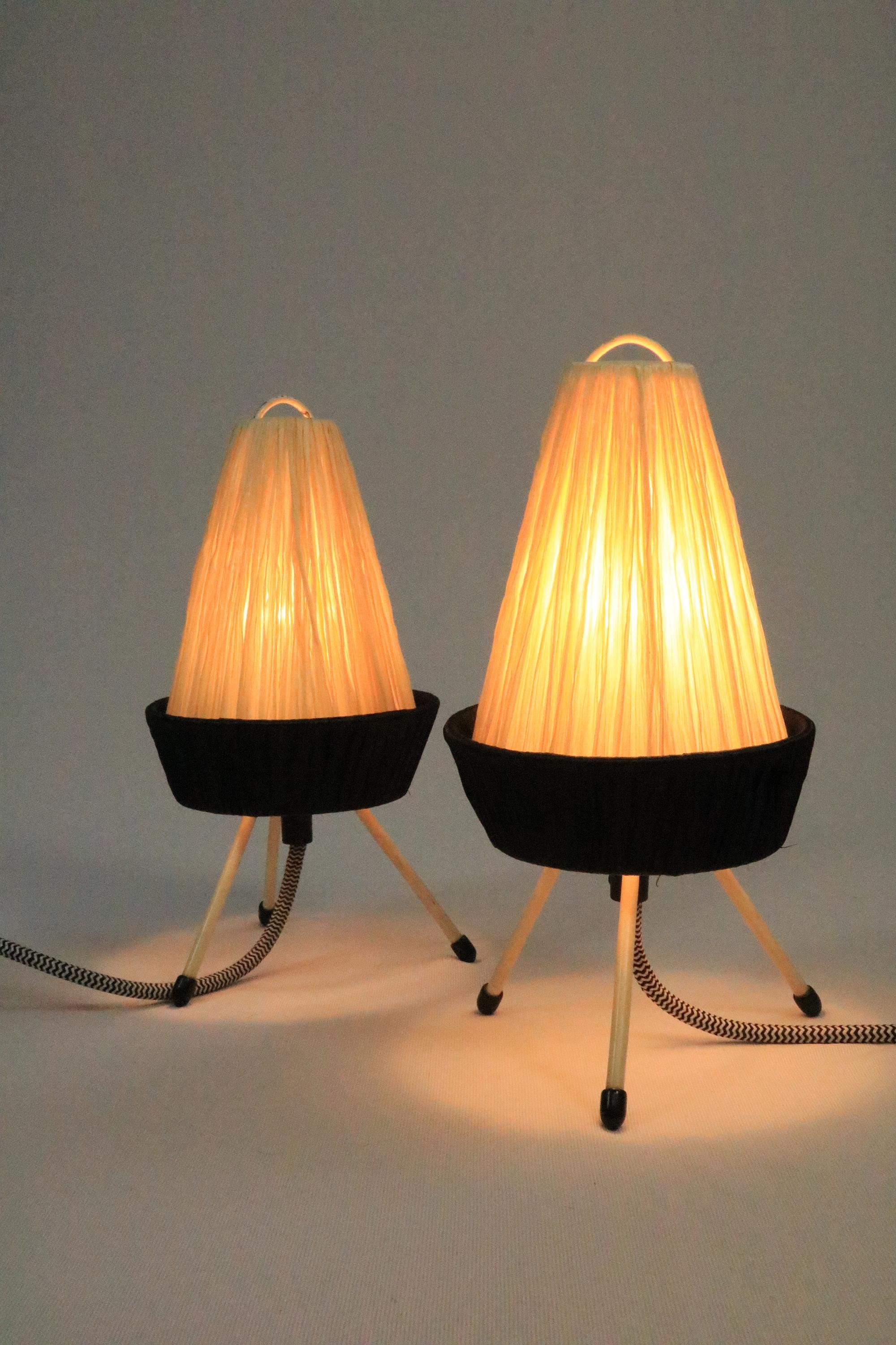 Set of 2 Filigree Table Lamps, Raffia Shade, Germany, Tripod, 1950s For Sale 3