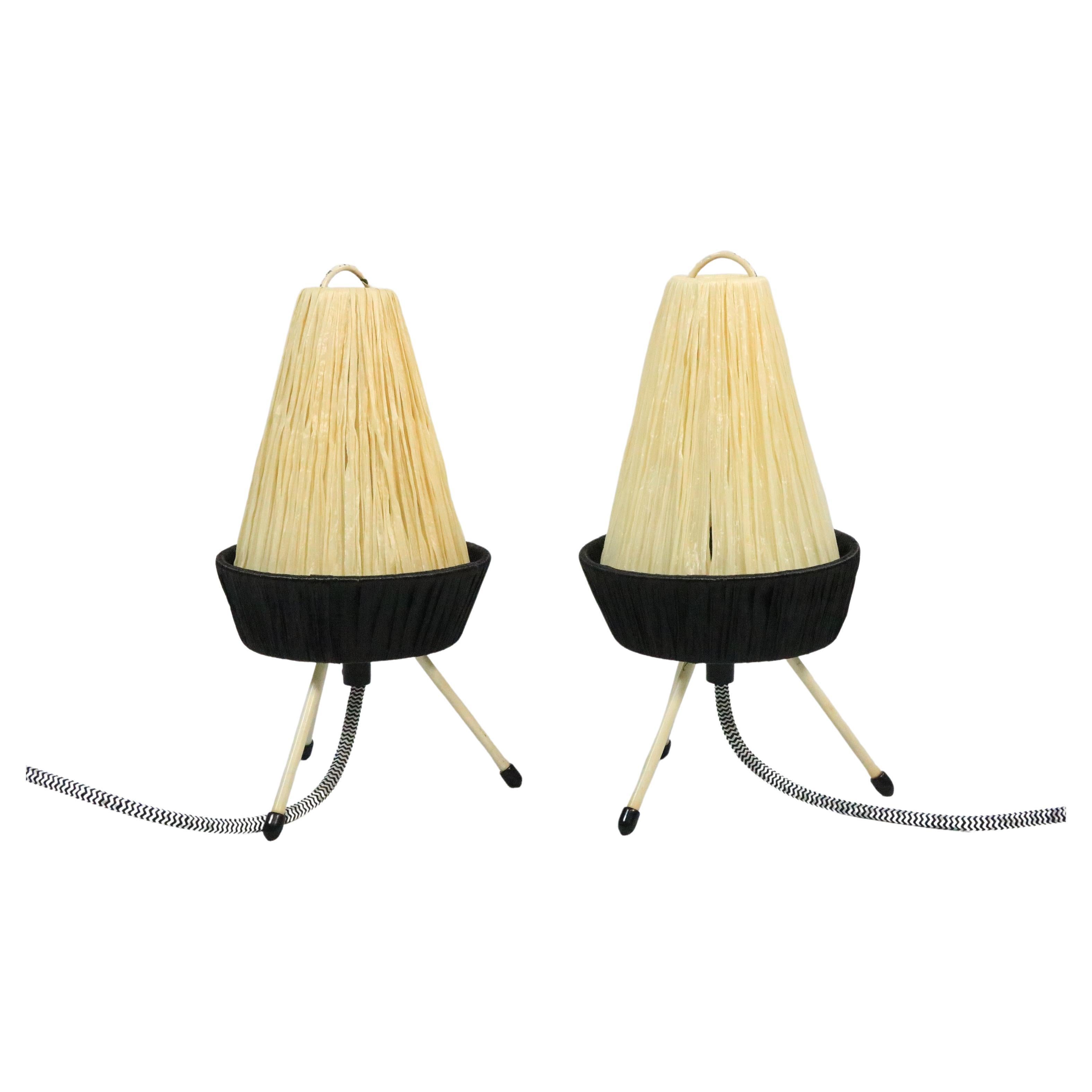 Set of 2 Filigree Table Lamps, Raffia Shade, Germany, Tripod, 1950s For Sale