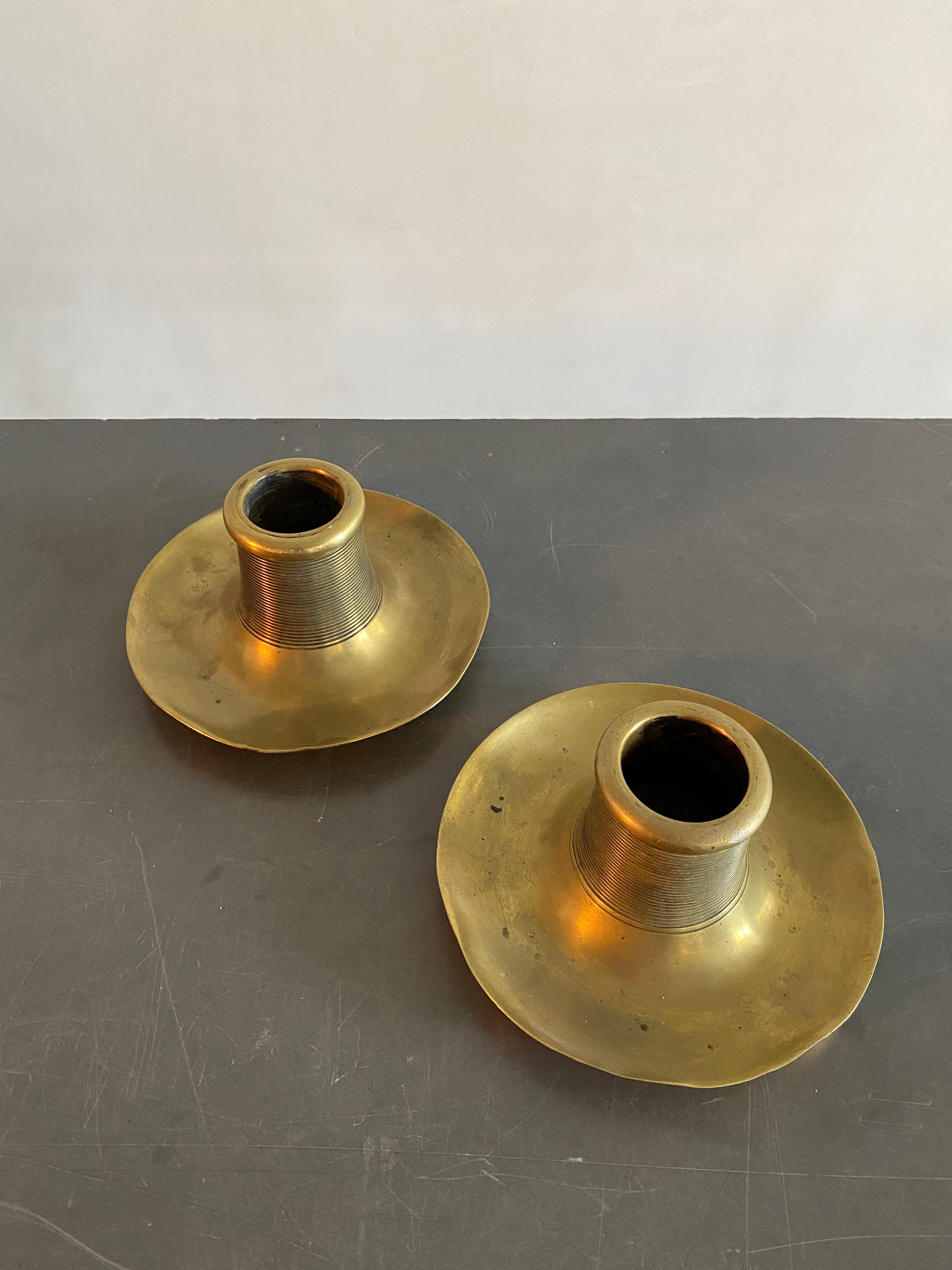 Set of 2 Finnish 1920's Brass Candle Holders In Good Condition In Maastricht, NL