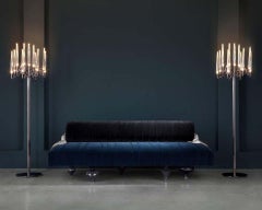In Stock in Los Angeles, Set of 2 Floor Brass Lamps & Velvet Lounge Sofa