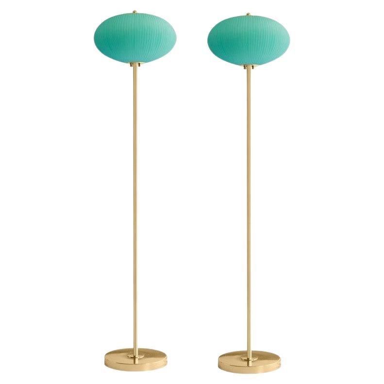 Set of 2 floor lamp China 07 by Magic Circus Editions
Dimensions: H 150 x W 32 x D 32 cm, also available in H 140, 160
Materials: brass, mouth blown glass sculpted with a diamond saw
Colour: jade green

Available finishes: Brass,