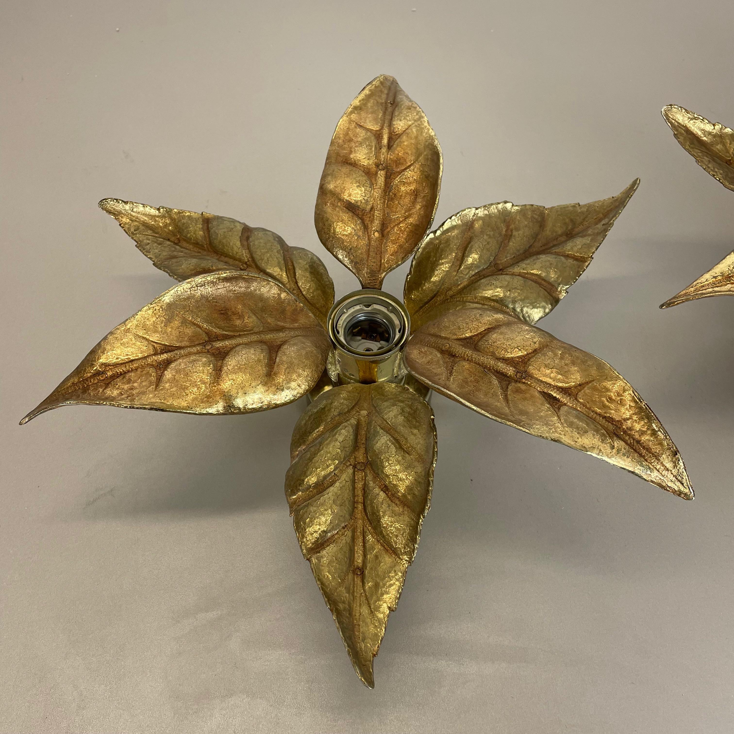 Set of 2 Floral Brutalist Brass Metal Wall Ceiling Light by Willy Daro, Belgium 4