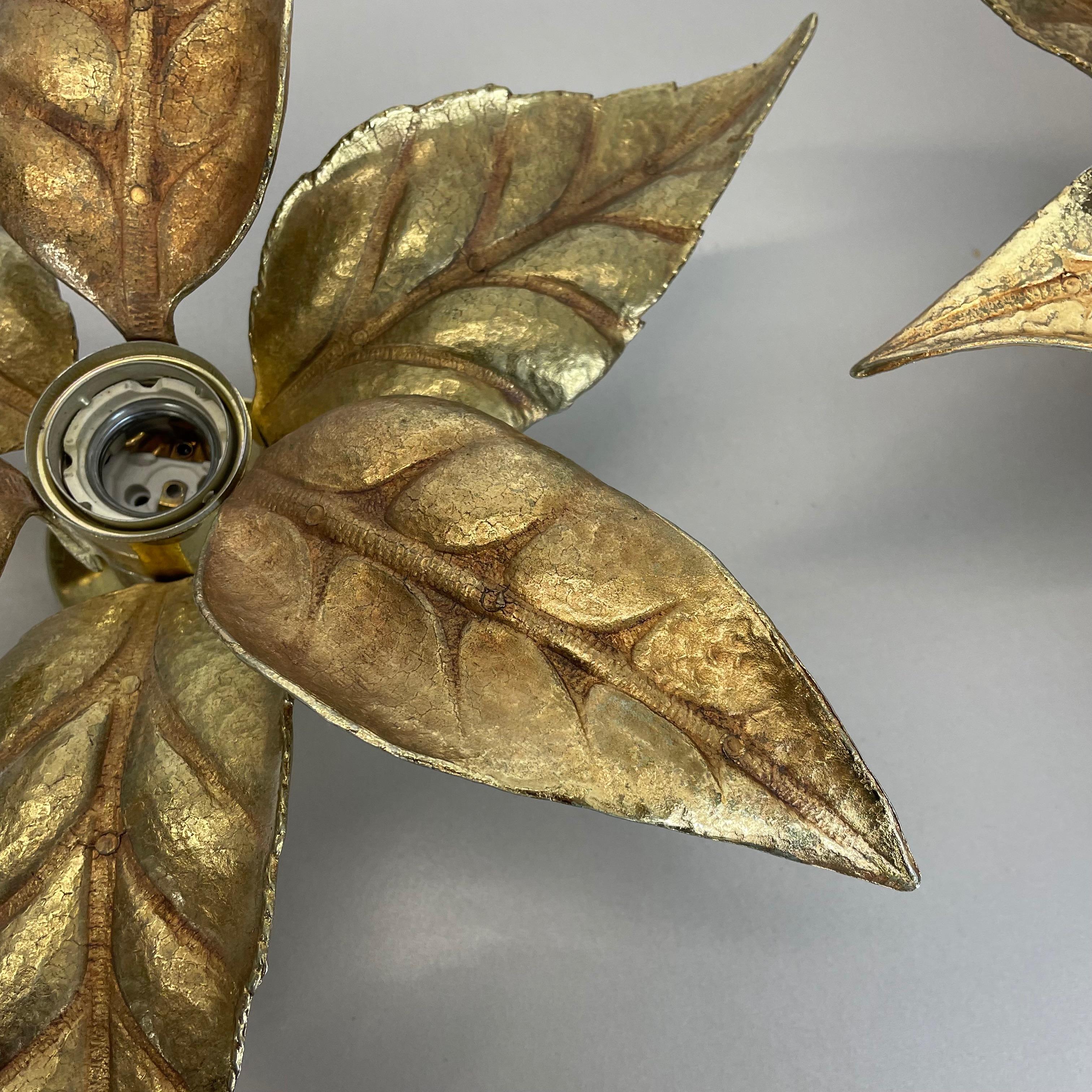 Set of 2 Floral Brutalist Brass Metal Wall Ceiling Light by Willy Daro, Belgium 7