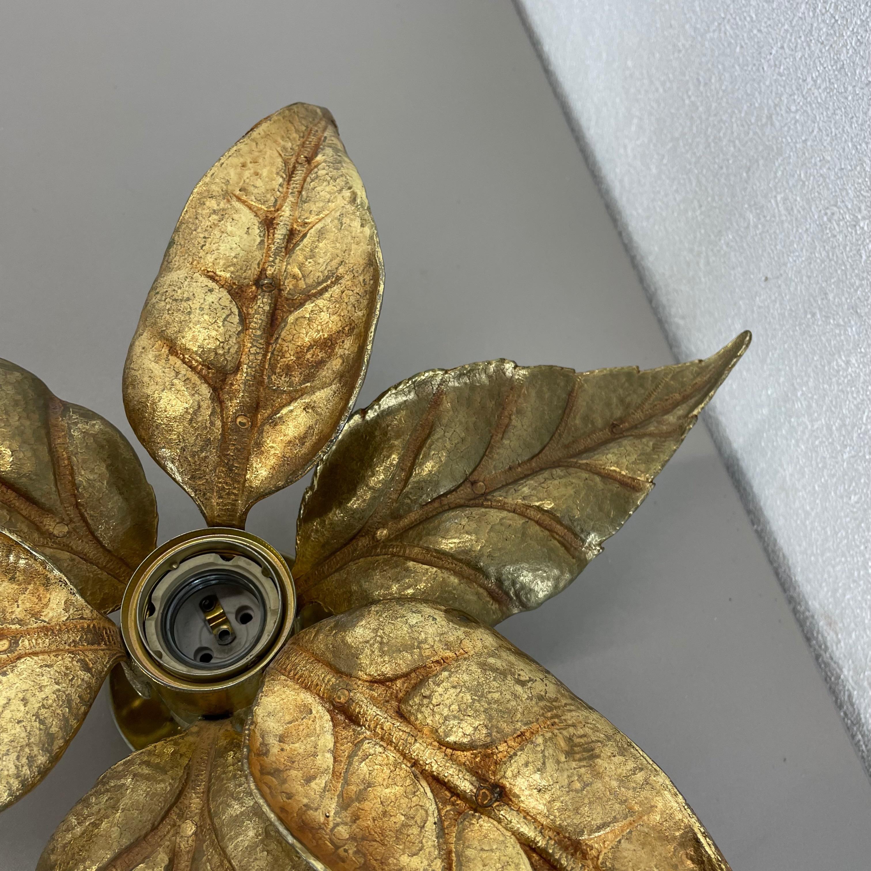 Set of 2 Floral Brutalist Brass Metal Wall Ceiling Light by Willy Daro, Belgium 10