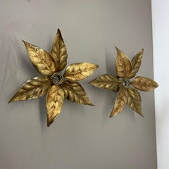 Set of 2 Floral Brutalist Brass Metal Wall Ceiling Light by Willy Daro, Belgium