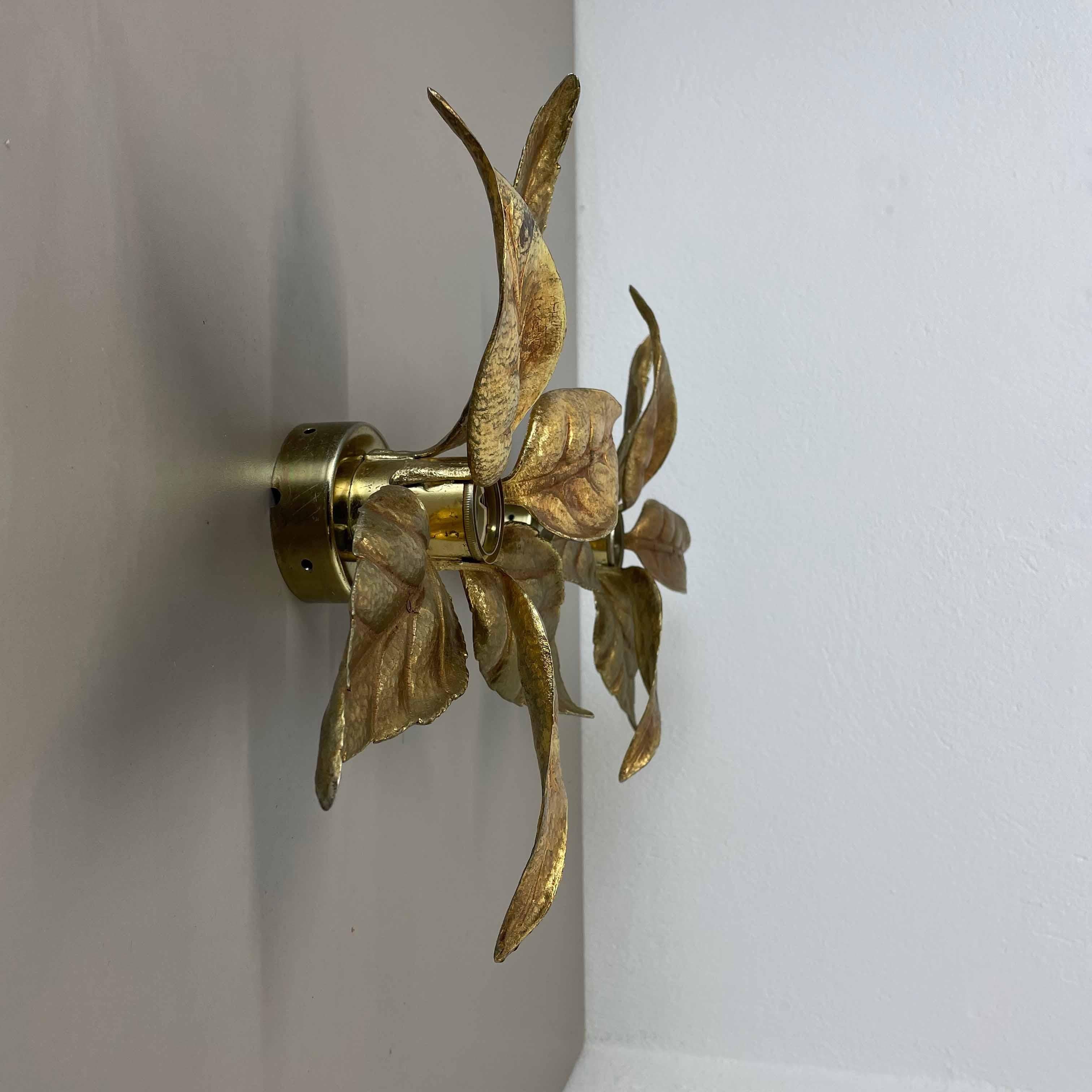 Mid-Century Modern Set of 2 Floral Brutalist Brass Metal Wall Ceiling Light by Willy Daro, Belgium