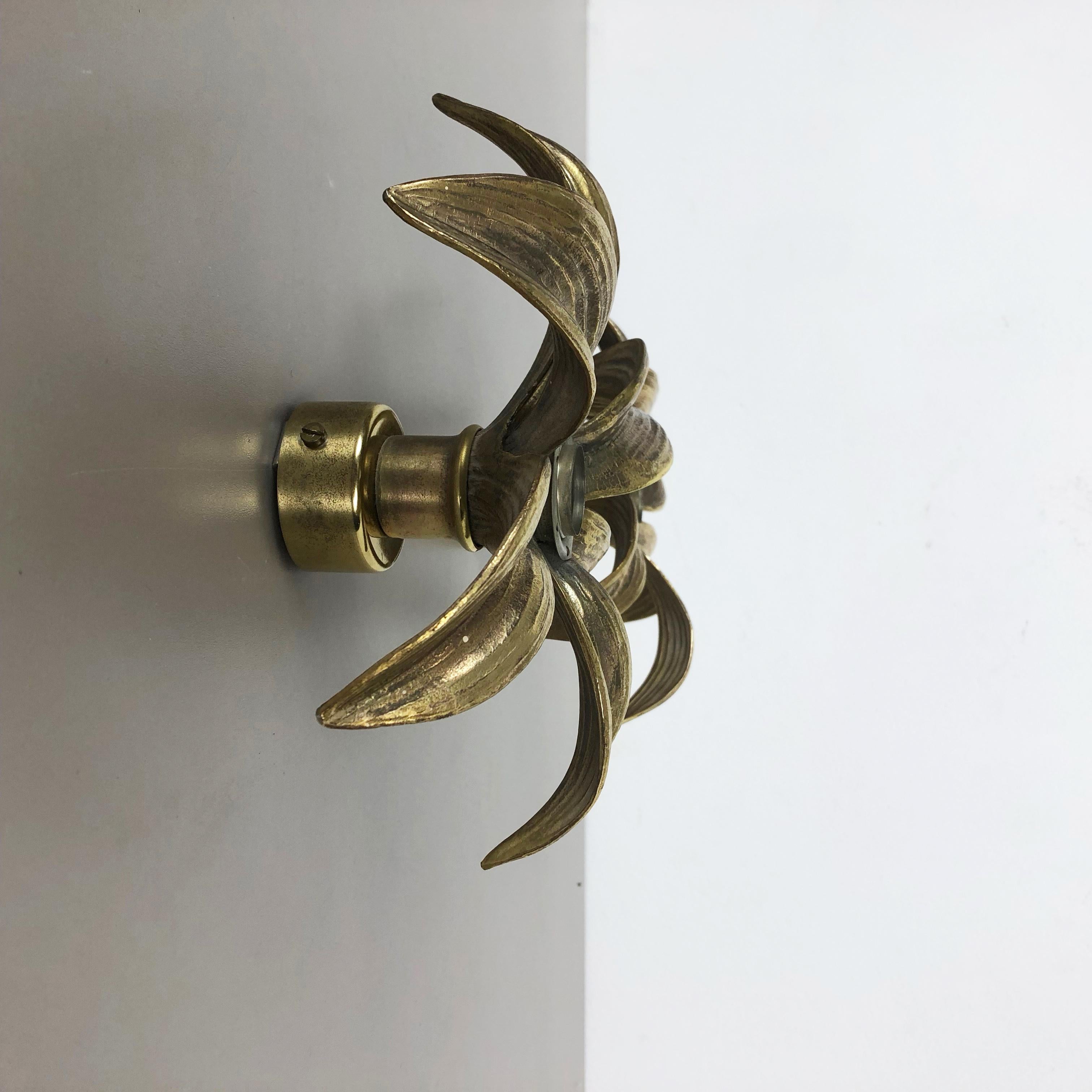 Belgian Set of 2 Floral Brutalist Brass Metal Wall Ceiling Light by Willy Daro, Belgium