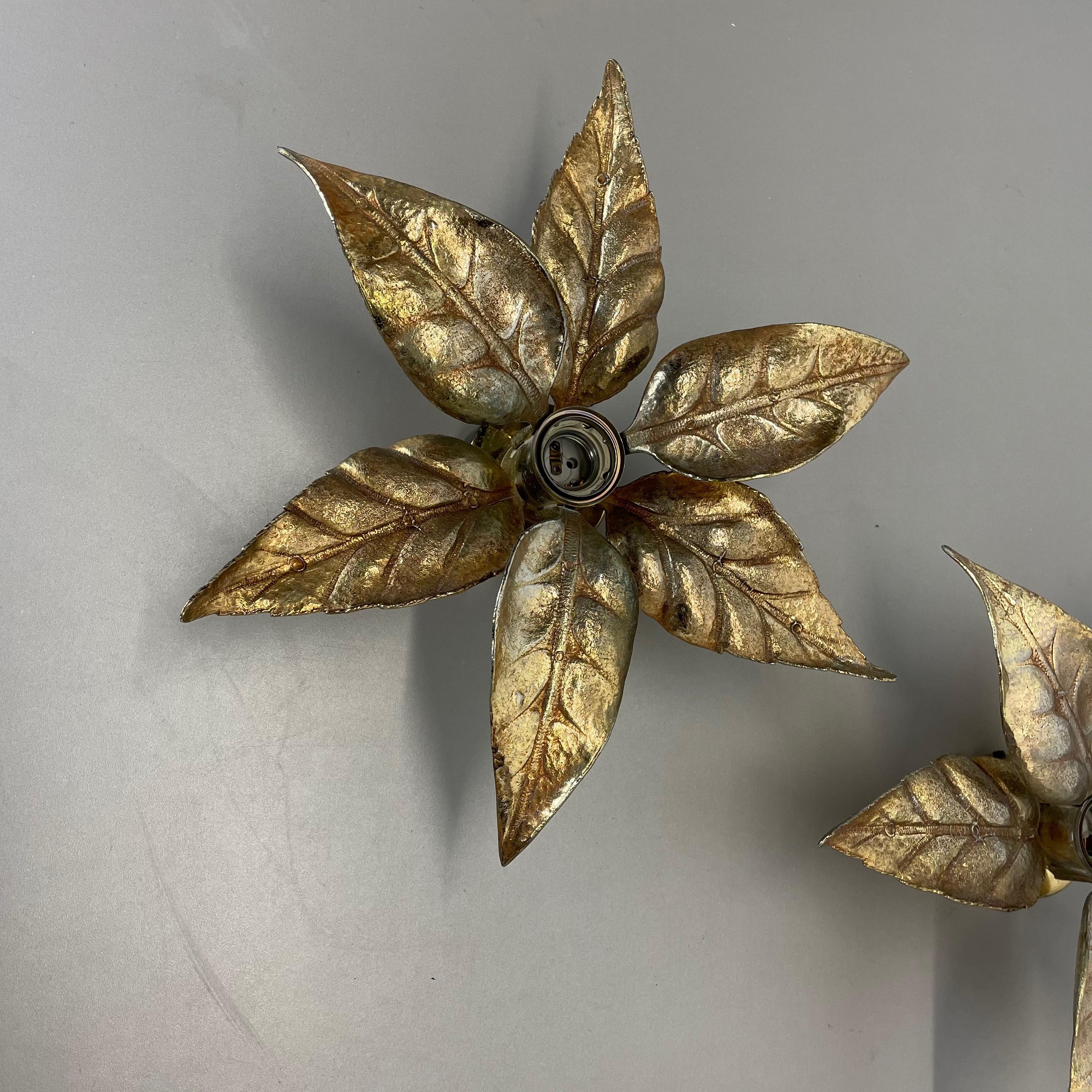 Belgian Set of 2 Floral Brutalist Brass Metal Wall Ceiling Light by Willy Daro, Belgium